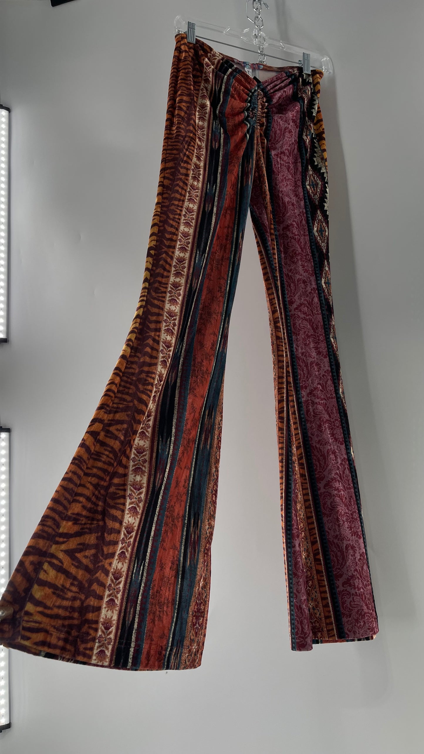 Urban Outfitters Velvet Scrunch Front Maroon Mixed Pattern Flared Bell Bottoms (Medium)