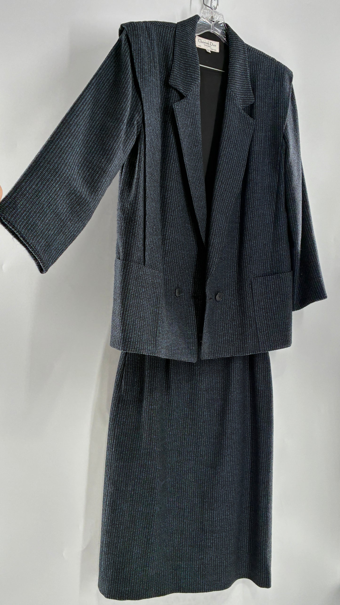Vintage CHRISTIAN DIOR Navy Woven Maxi Skirt and Oversized Lapel Style Blazer with Padded Shoulders (8)