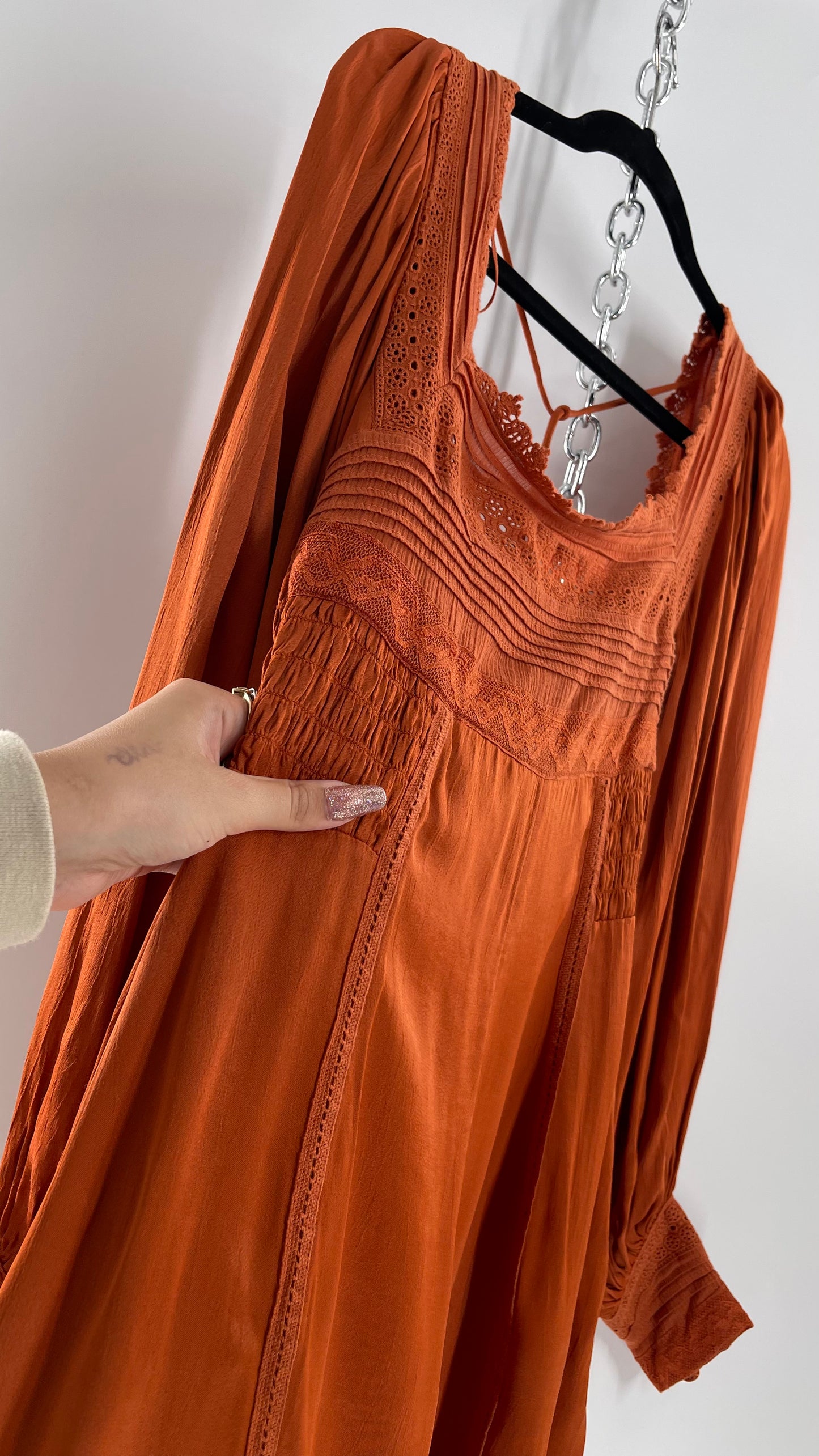 Free People Silky Orange Romper with Buttoned Sleeve Cuffs, Balloon Sleeves and Pleated Lace Bust (2)