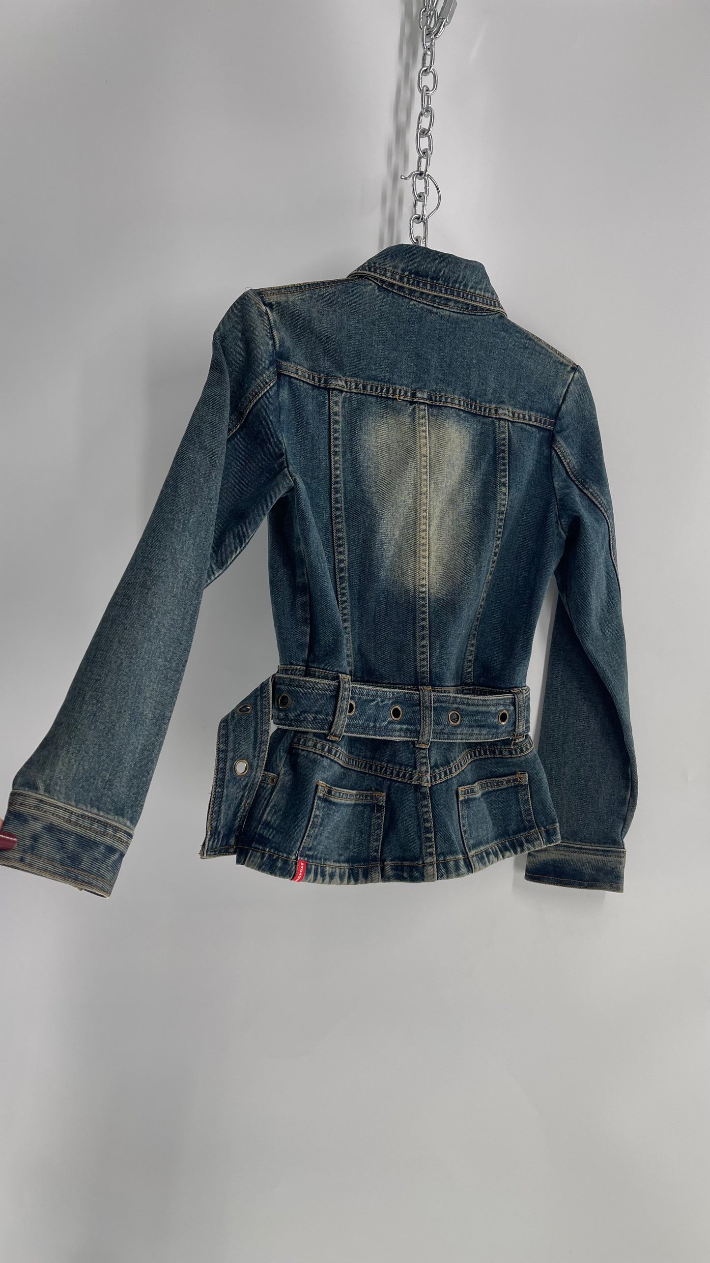 Vintage Madame Denim Culture Medium Wash Fade Jacket with Waist Belt and Back Pocket Details (Medium)