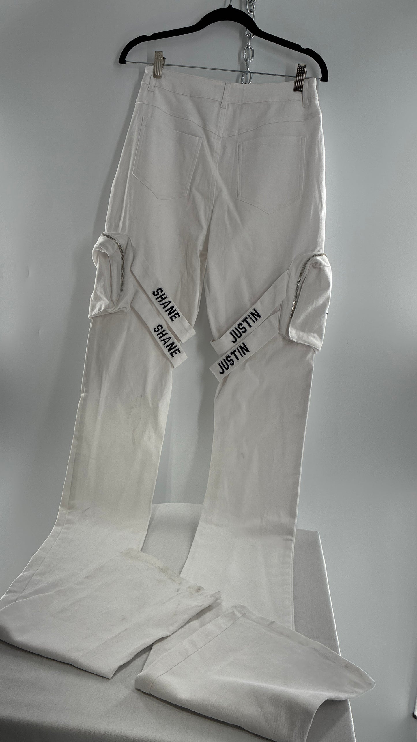 Designer SHANE JUSTIN White Stacked Extendo Cargo Pants with Embroidered Logo Pants and Tags Attached (Small)