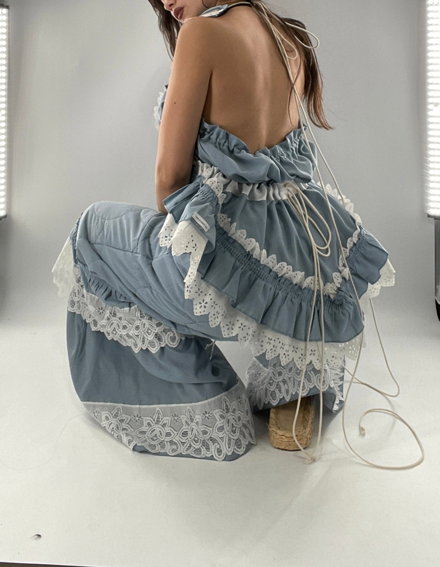 Vintage 2 Piece Powder Blue Set Featuring 2Way Blouse and Quilted Trousers Covered in Ruffles, Lace and Trim (One Size)