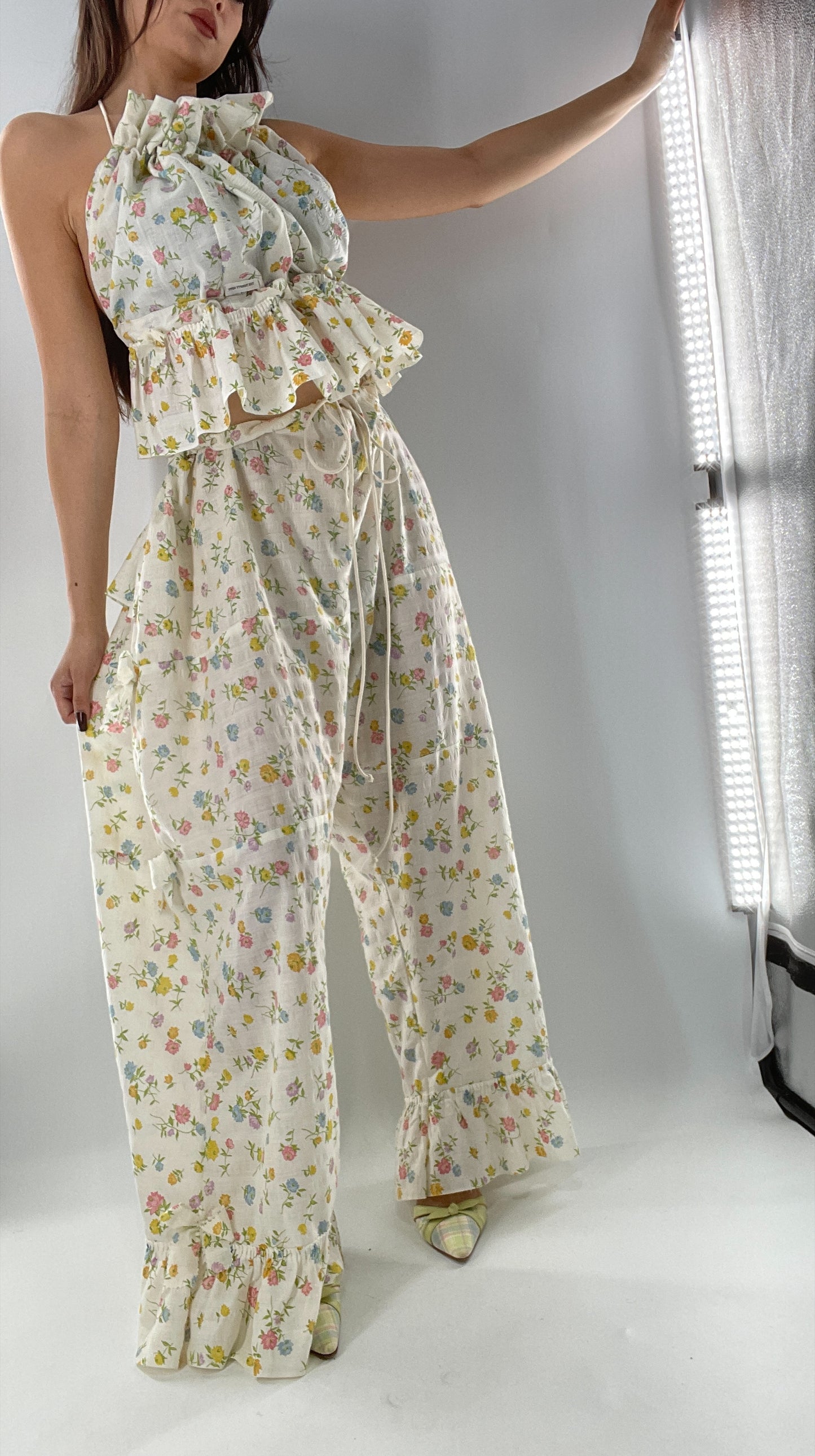Vintage 2 Piece Floral Babydoll Set with Adjustable Top and Adjustable Pants Featuring Bow Sides and Ruffles Bum (One Size)