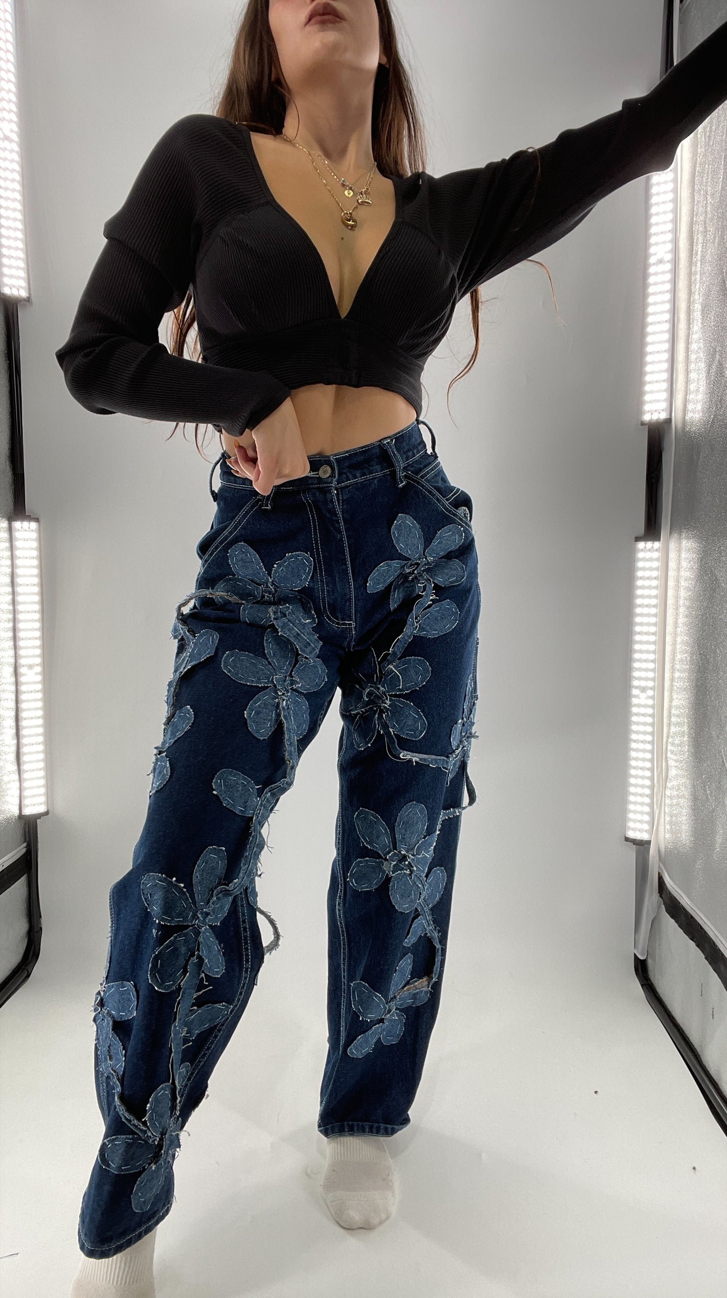 Handmade CUSTOM Dual Denim Tone Floral Vine Cargo Denims (S)