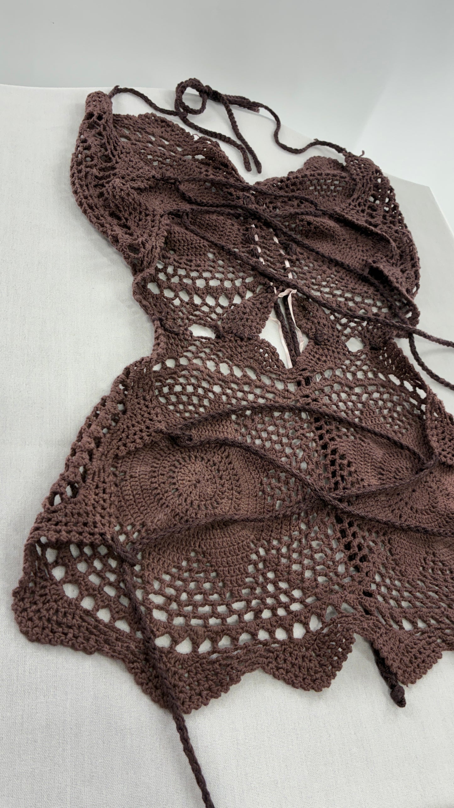 Handmade Brown Crochet Backless Tunic (One Size)