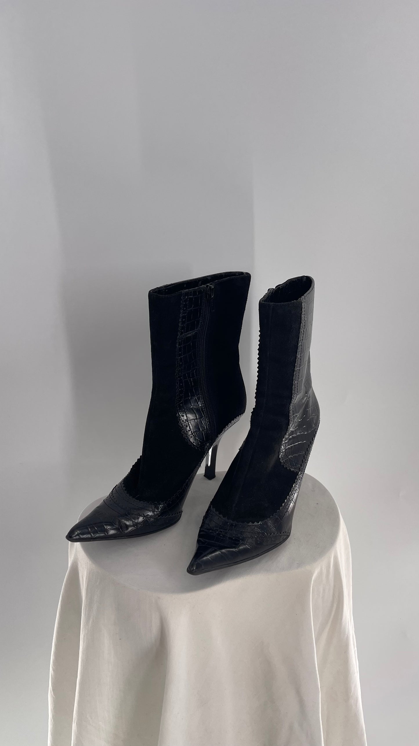NINE WEST Black Leather Pointed Kitten Heel Boot with Scalloped Embossed Panels (8)