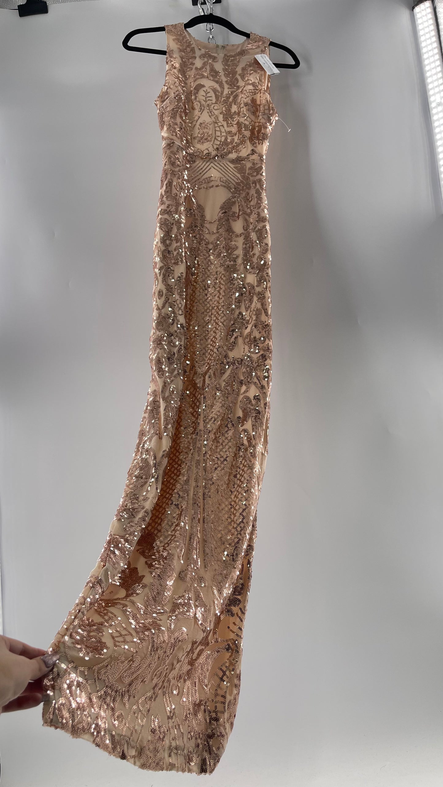 Windsor Rose Gold Sequin Maxi Dress with Side Slit Detail and Open Back (Small)