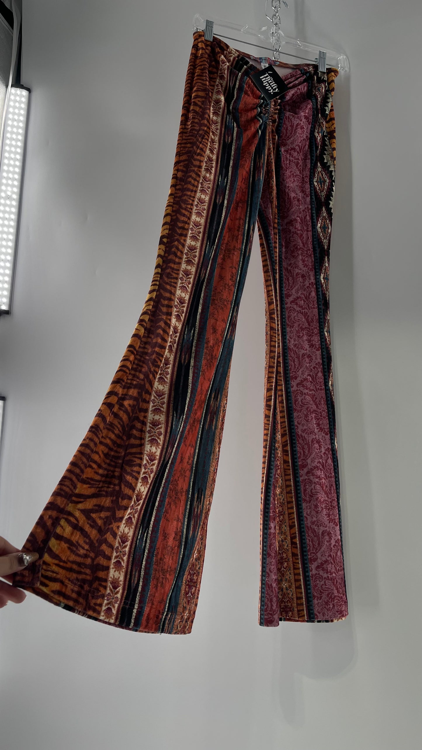 Urban Outfitters Velvet Scrunch Front Maroon Mixed Pattern Flared Bell Bottoms (Medium)