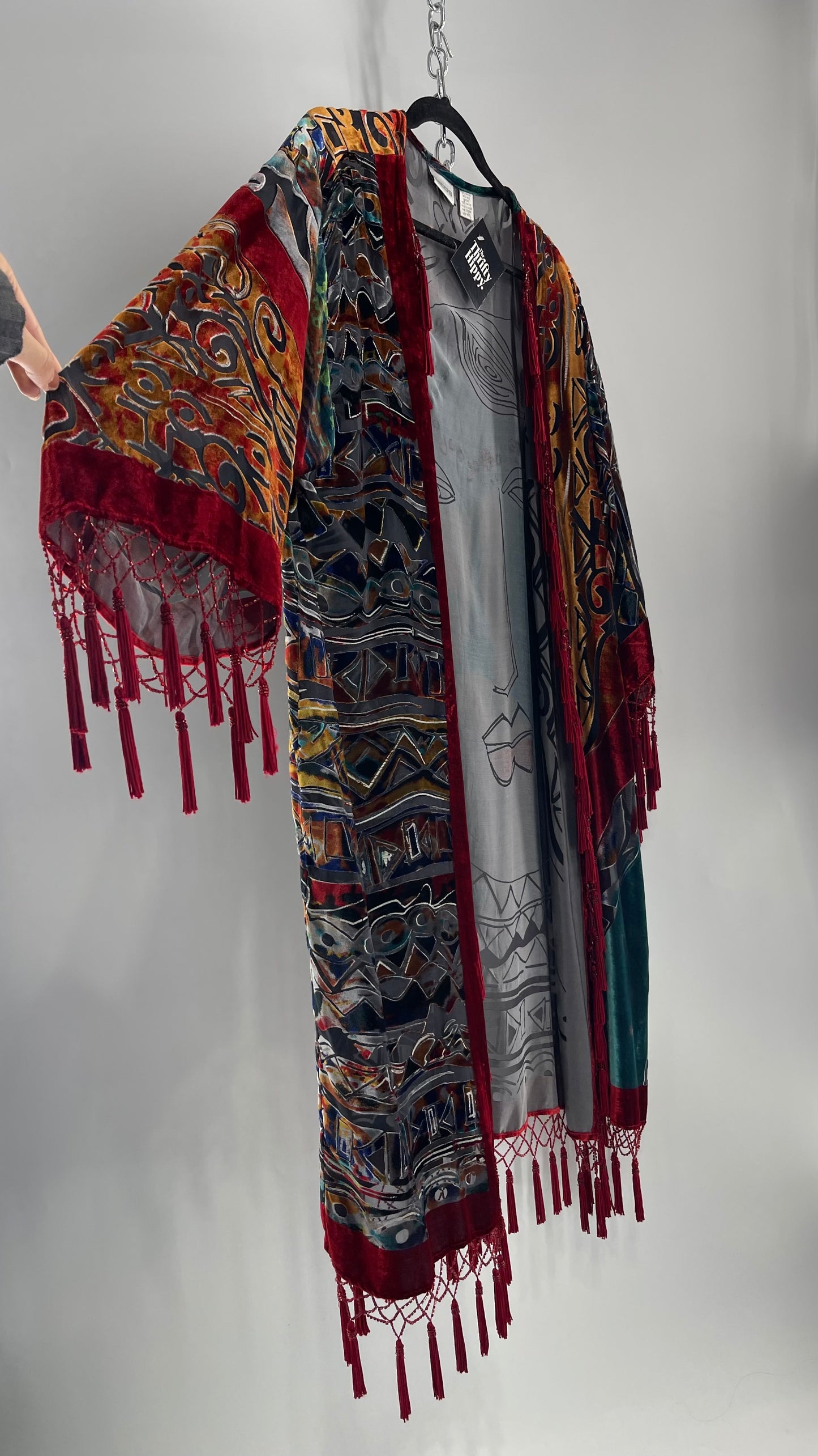 Vintage Burnout Buddhist Motif Velvet/Velour Beaded Fringe Duster Coat/Kimono with Tassel Sleeves and Hems (M/L)