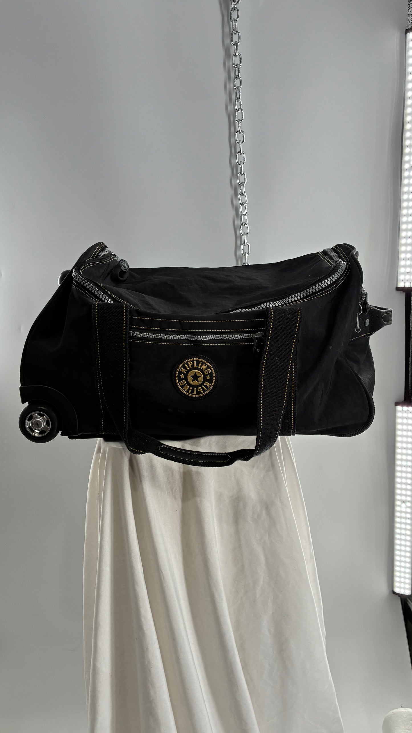 Vintage KIPLING Black Rolling Luggage Duffle Bag Suitcase with Extendable Handle