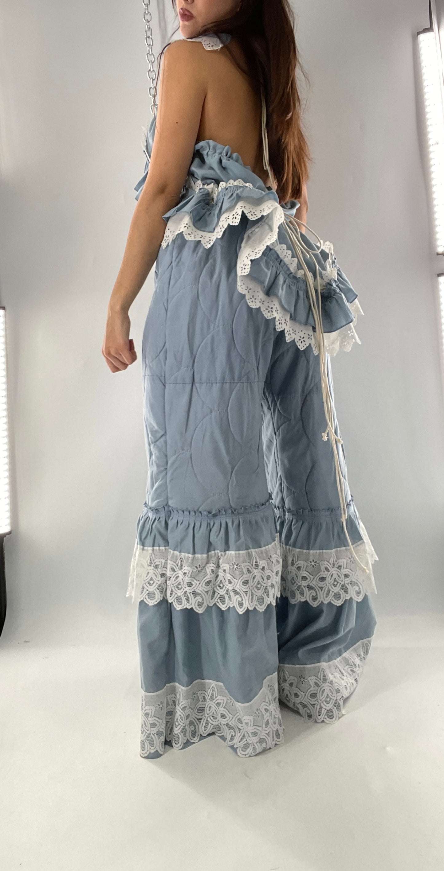 Vintage 2 Piece Powder Blue Set Featuring 2Way Blouse and Quilted Trousers Covered in Ruffles, Lace and Trim (One Size)