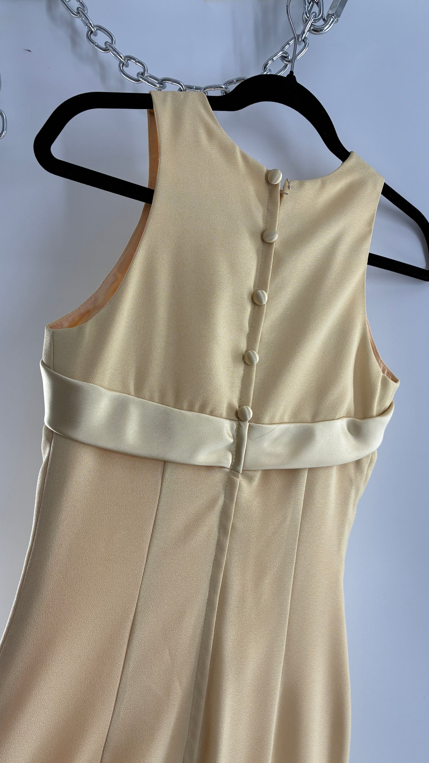 Vintage ALYCE’S Baby Yellow High Neck Satin Bow Bust, Side Slit, Button Back Gown (Measured)