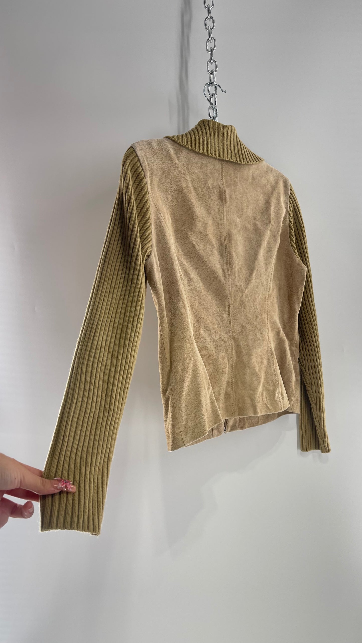 Live a Little Beige/Tan Suede Jacket with Ribbed Knit Sleeves and Collar (Medium)