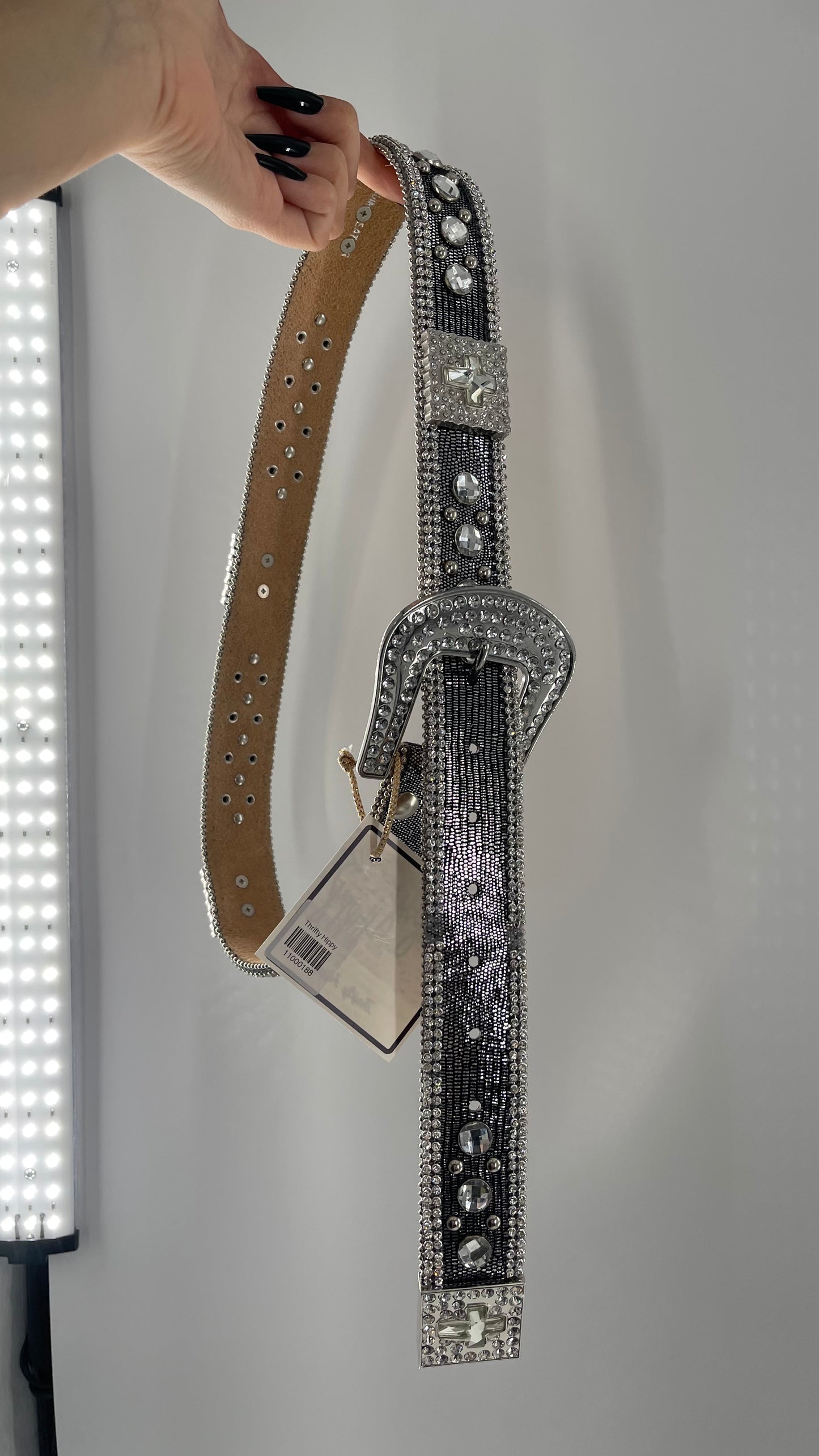 Free People Dark Silver Metallic Snake Print Belt covered in Crystal Embellishments and Heavy Metal Crosses (M)