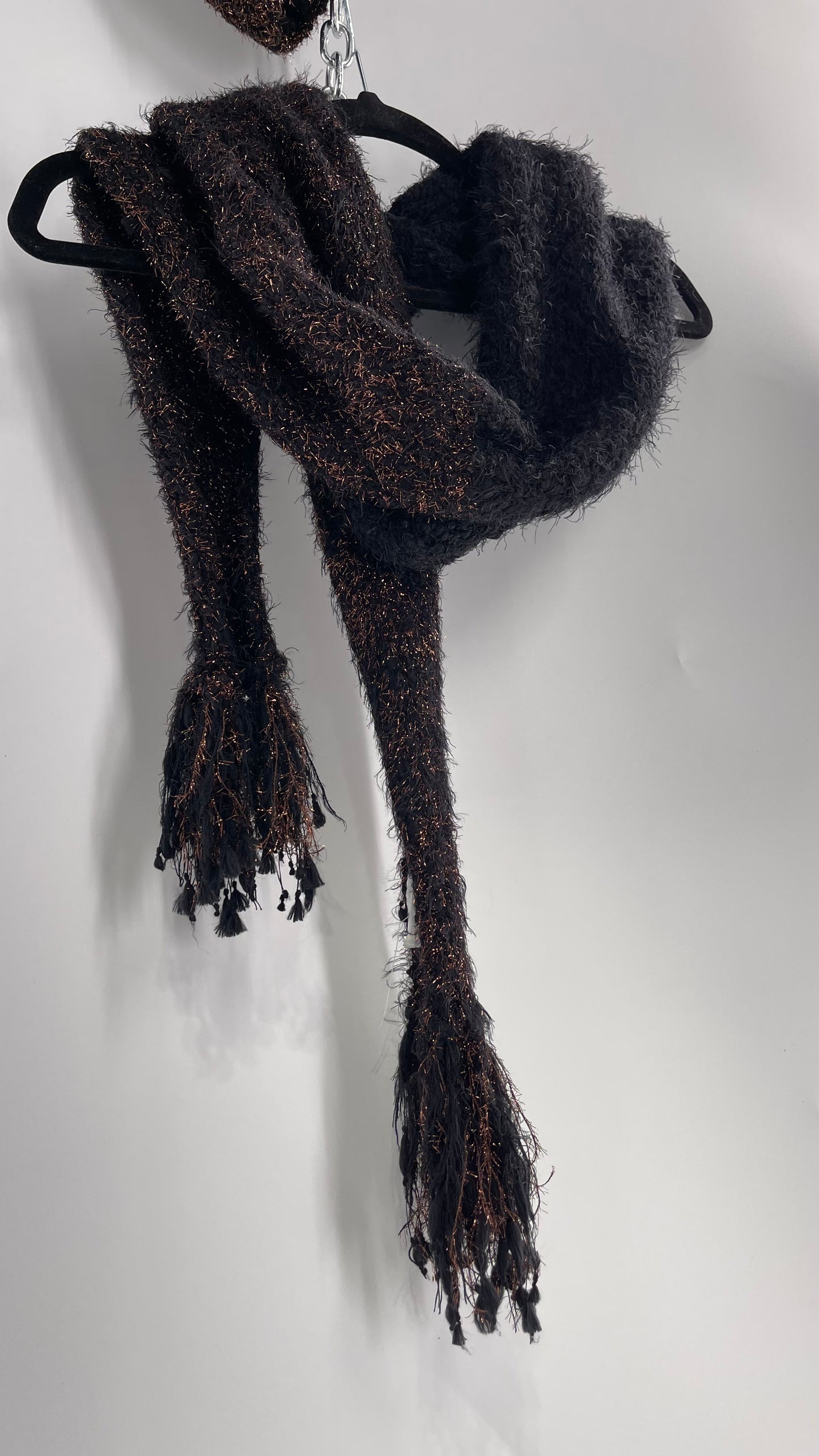 Anthropologie Bronze Tinsel Black Knit Beanie and Skinny Pom Scarf 2pc Set with Tags Attached