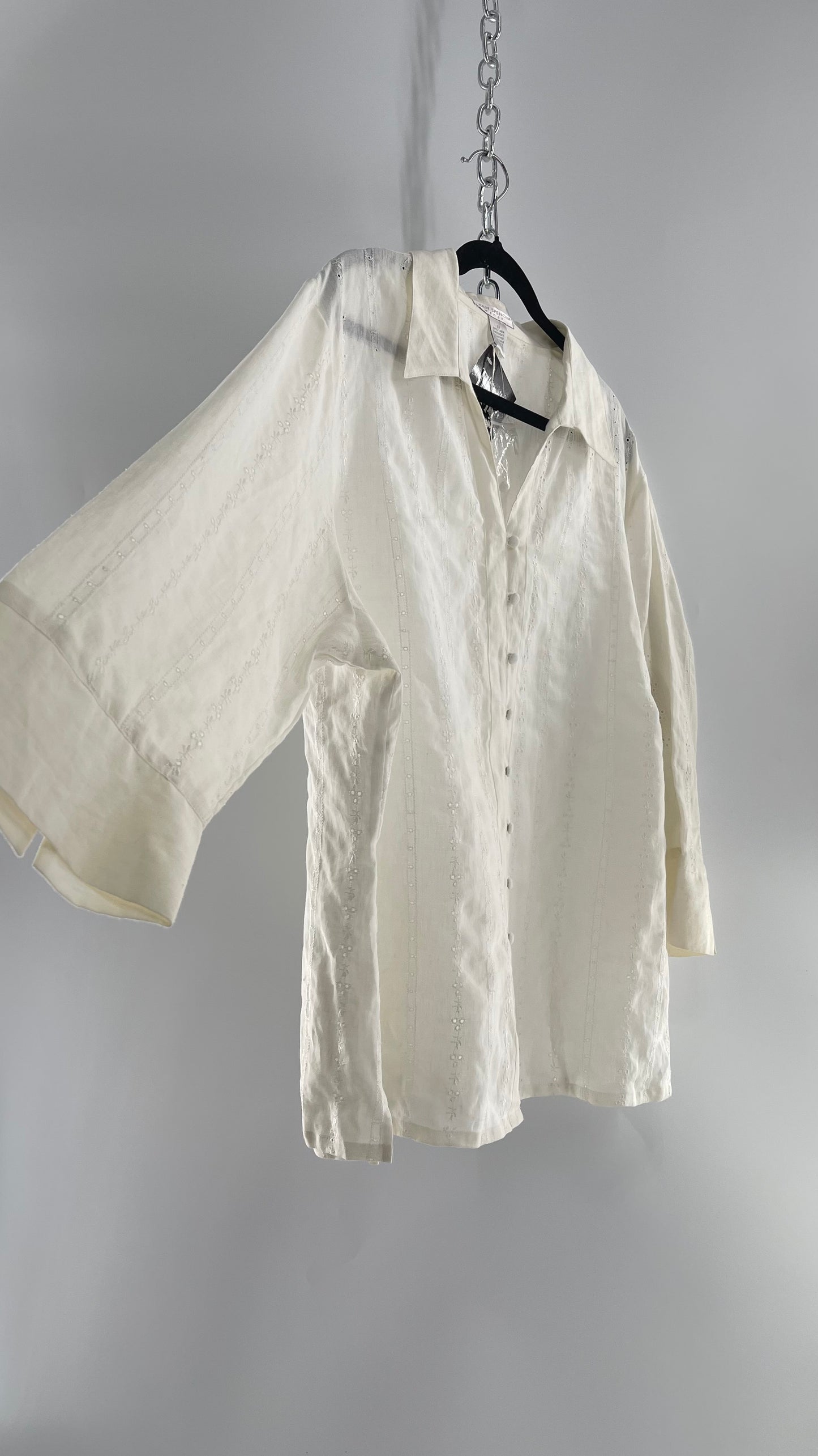Sarah Spencer Off White 100% Embroidered Linen Blouse with Tags Attached (3X)