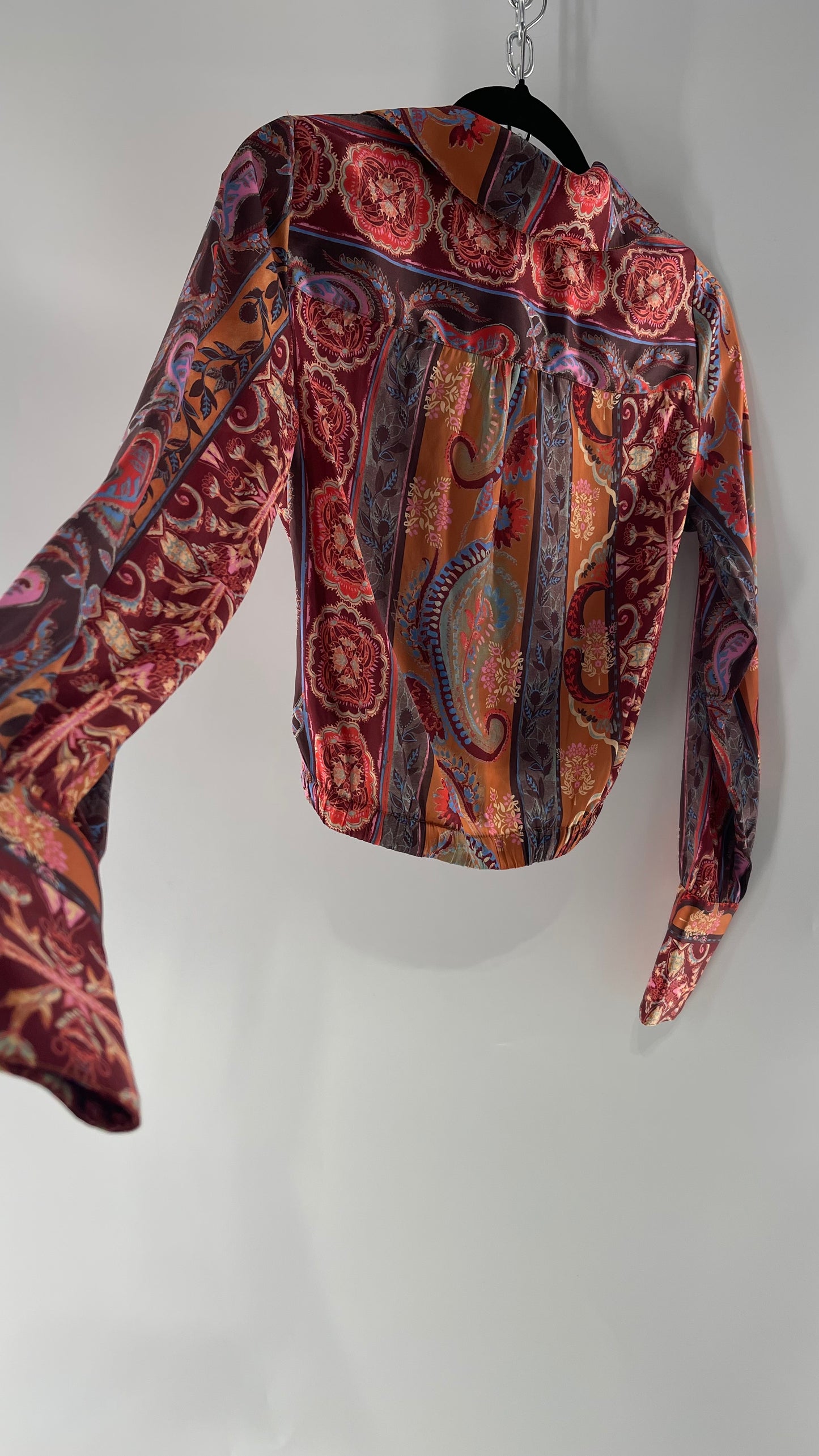 Free People Paisley Patterned Warm Toned Cross Front Collared Cropped Blouse with Buttoned Cuffs (XS)