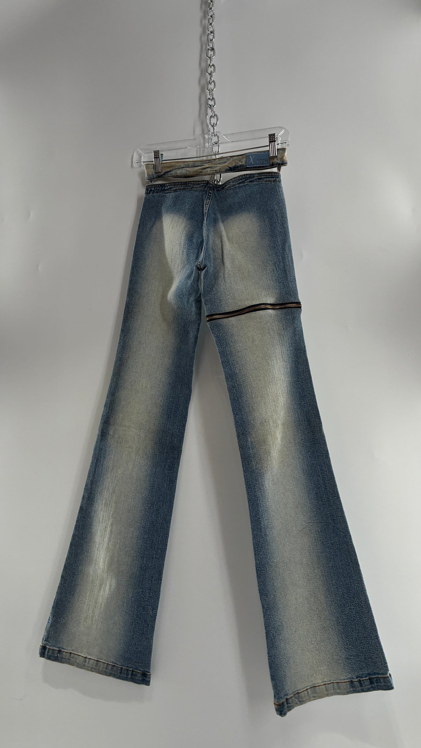Vintage XCESO JEANS Rare Faded Double Waistband Kickflare Jeans with Functional Zipper Details (Medium*)