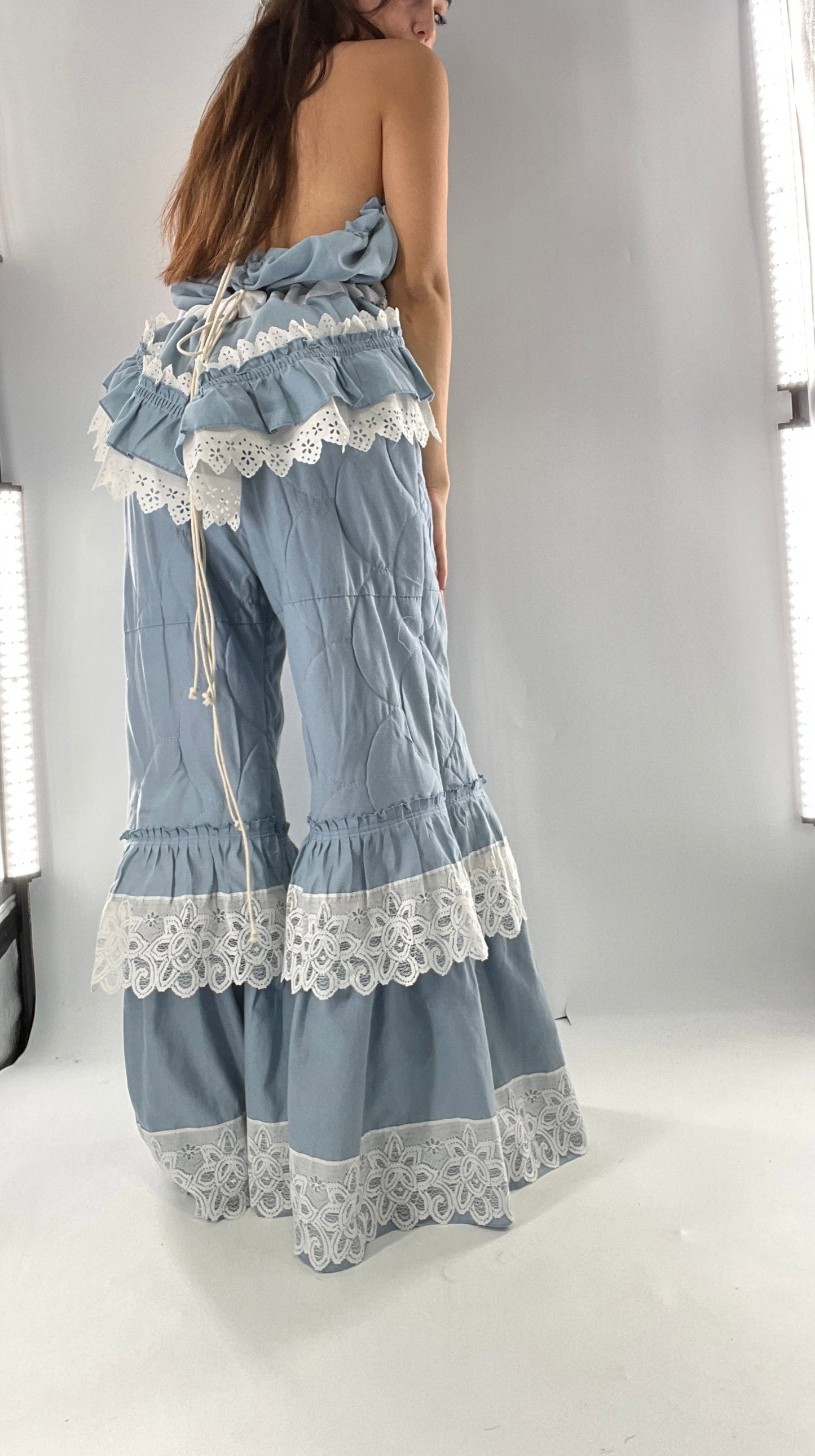 Vintage 2 Piece Powder Blue Set Featuring 2Way Blouse and Quilted Trousers Covered in Ruffles, Lace and Trim (One Size)