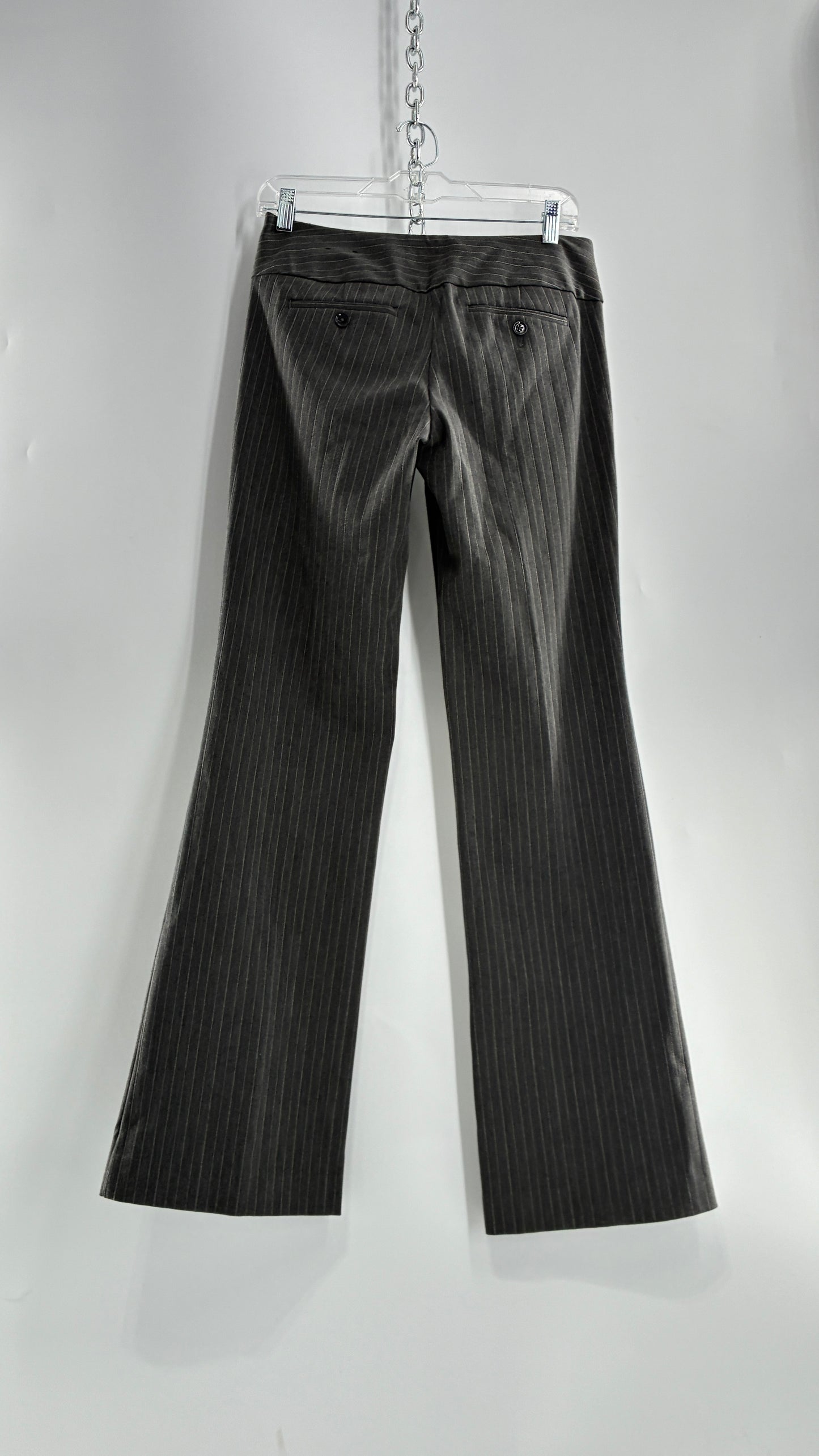 Vintage 1990s EXPRESS Editor Dark Grey Pinstripe Ultra Low Rise Thick Hip Band Kick Flares (2)