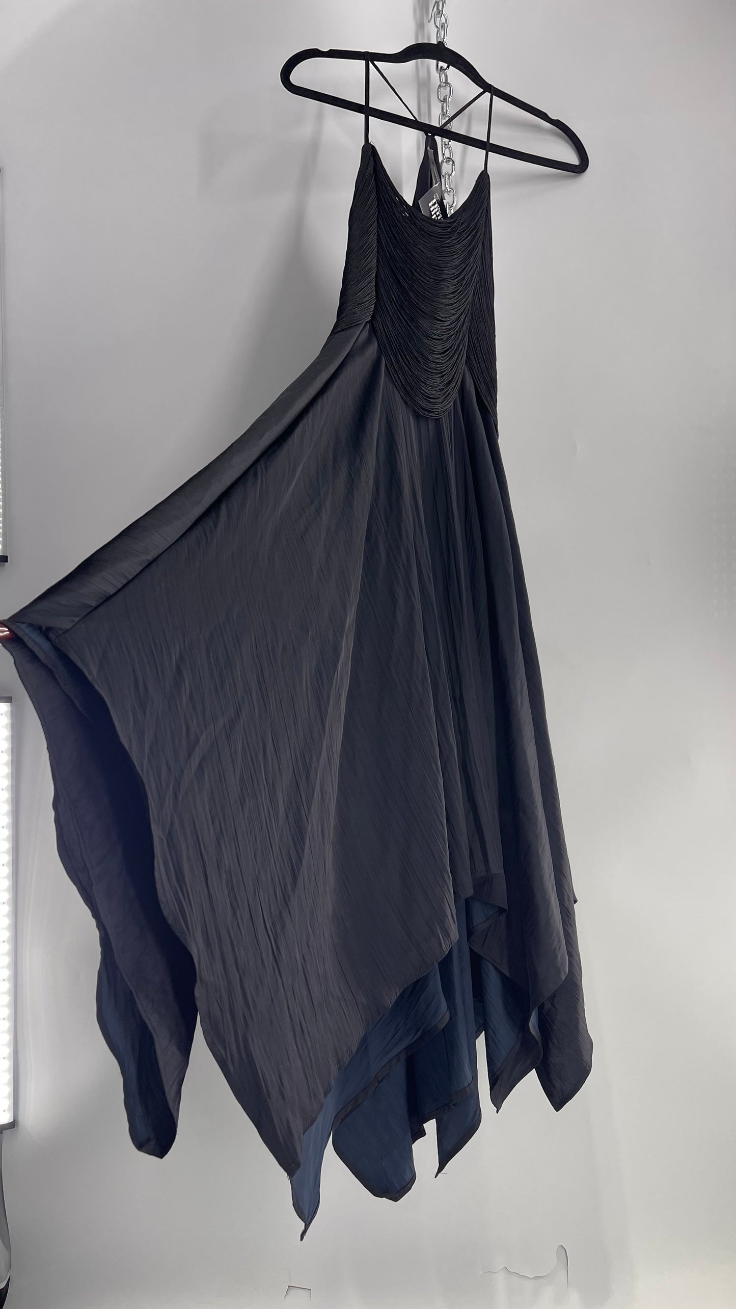 Anthropologie Black Handkerchief Hem Midi Dress with Heavy Draped Rope Bodice (4)