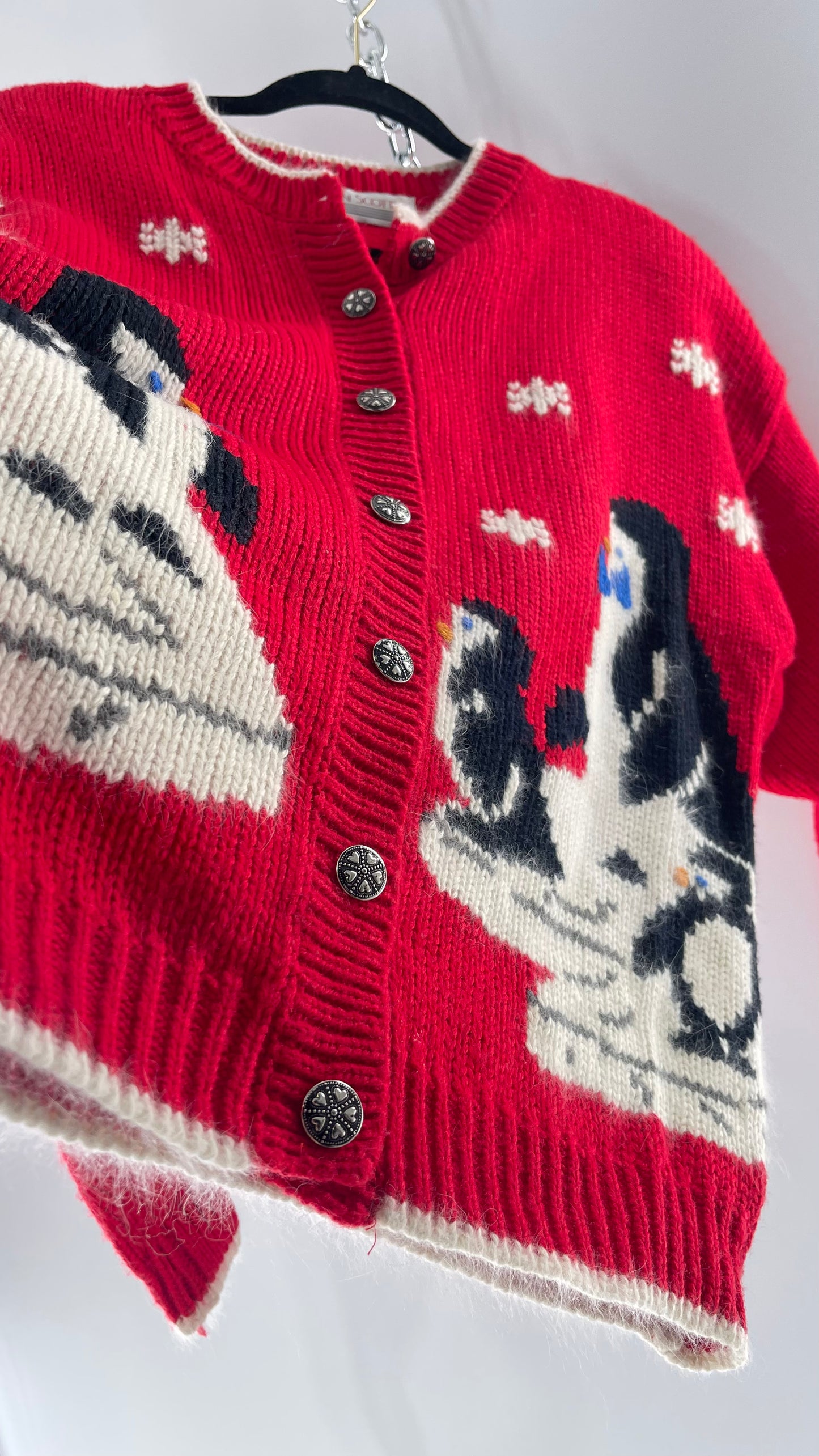 Vintage Karen Scott Silver Button Front, Red Cardigan with Shoulder Padding and the Sweetest Festive Penguins in Bow Ties (Large)