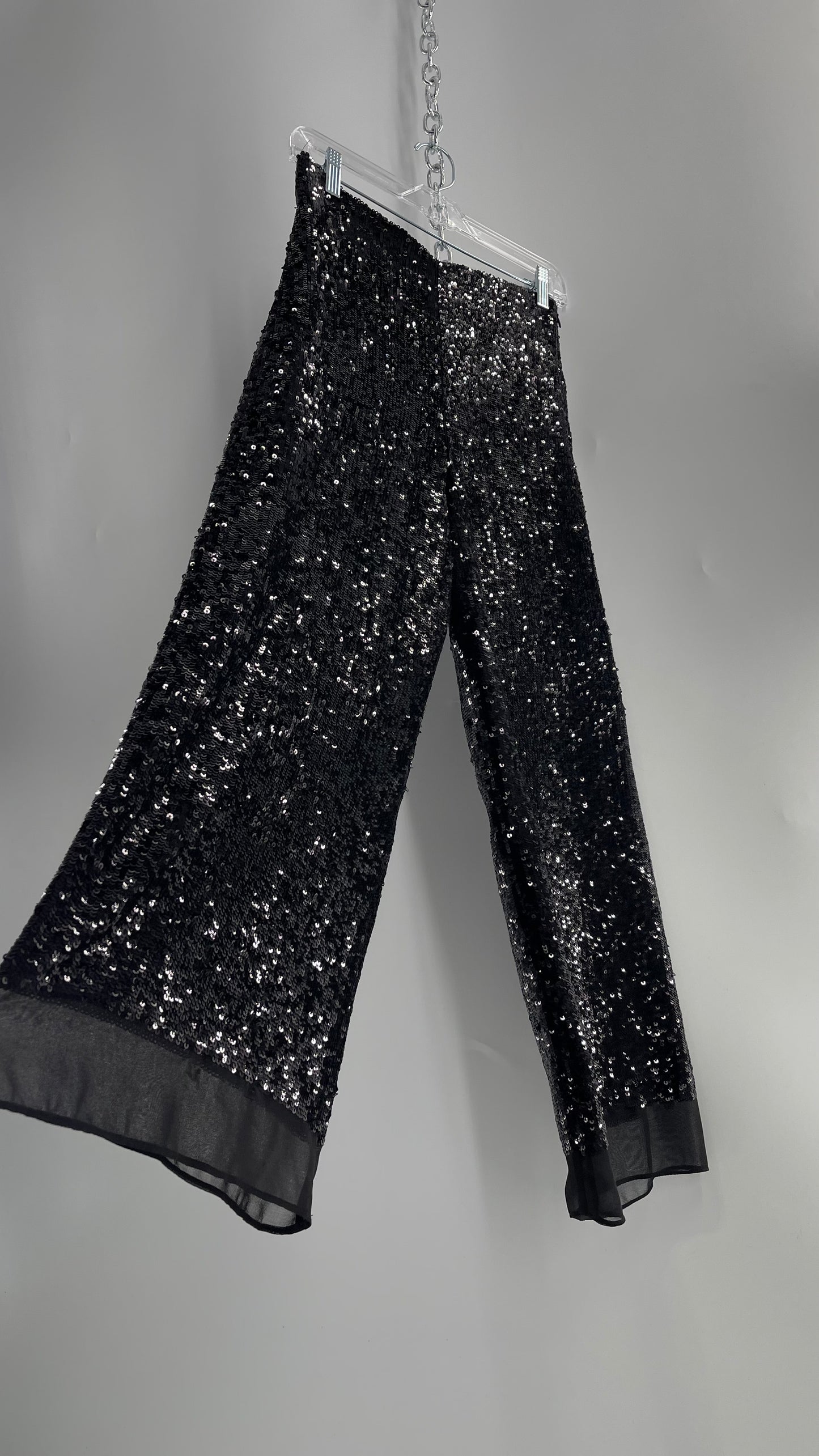ZARA STUDIO Black Sequin Pijama Trouser with Chiffon Hem and Ribbon Lined Waist (Medium)
