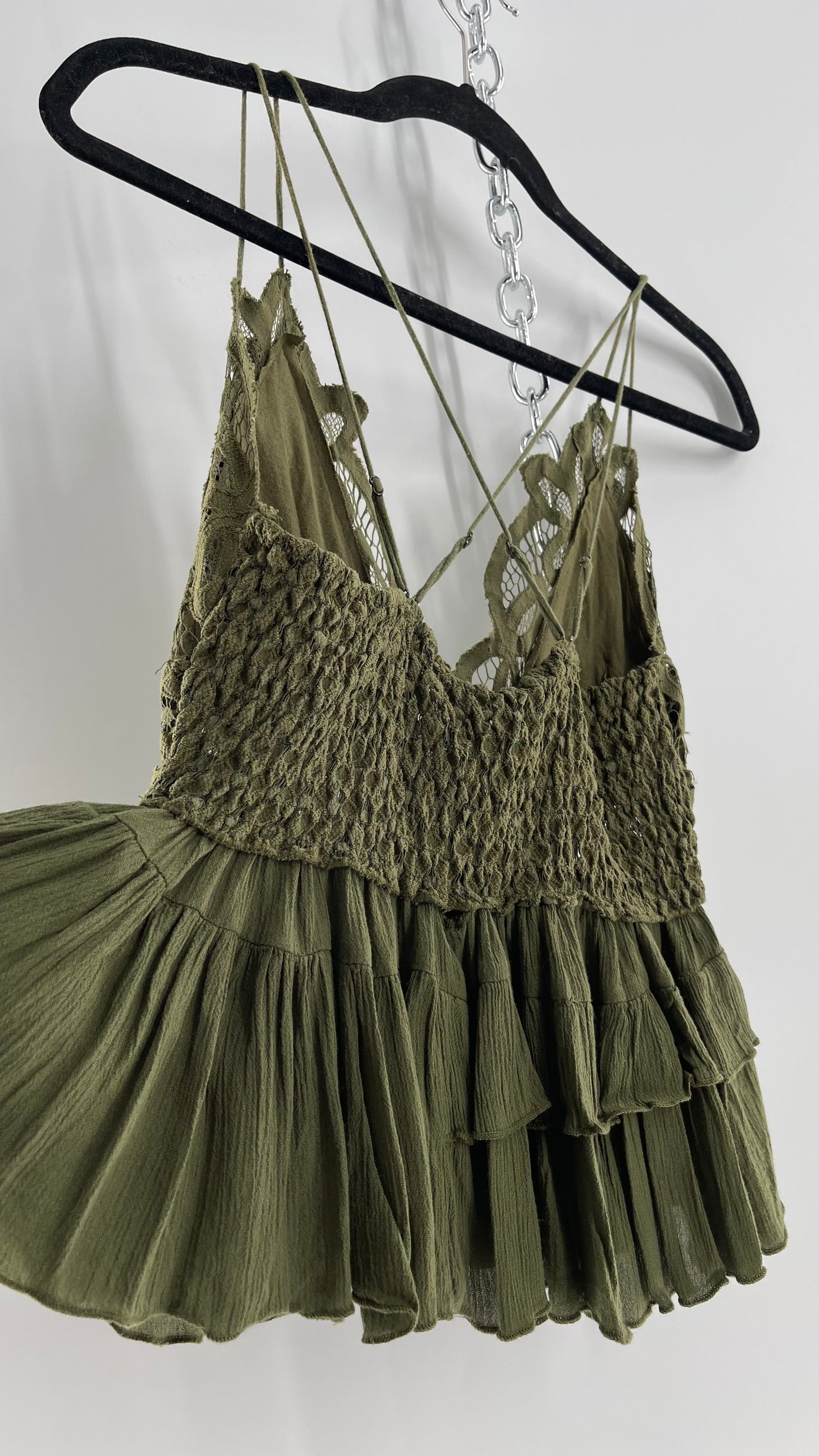 Free People Army Green Lace Bralette Top with Ruffled Hem (Large)