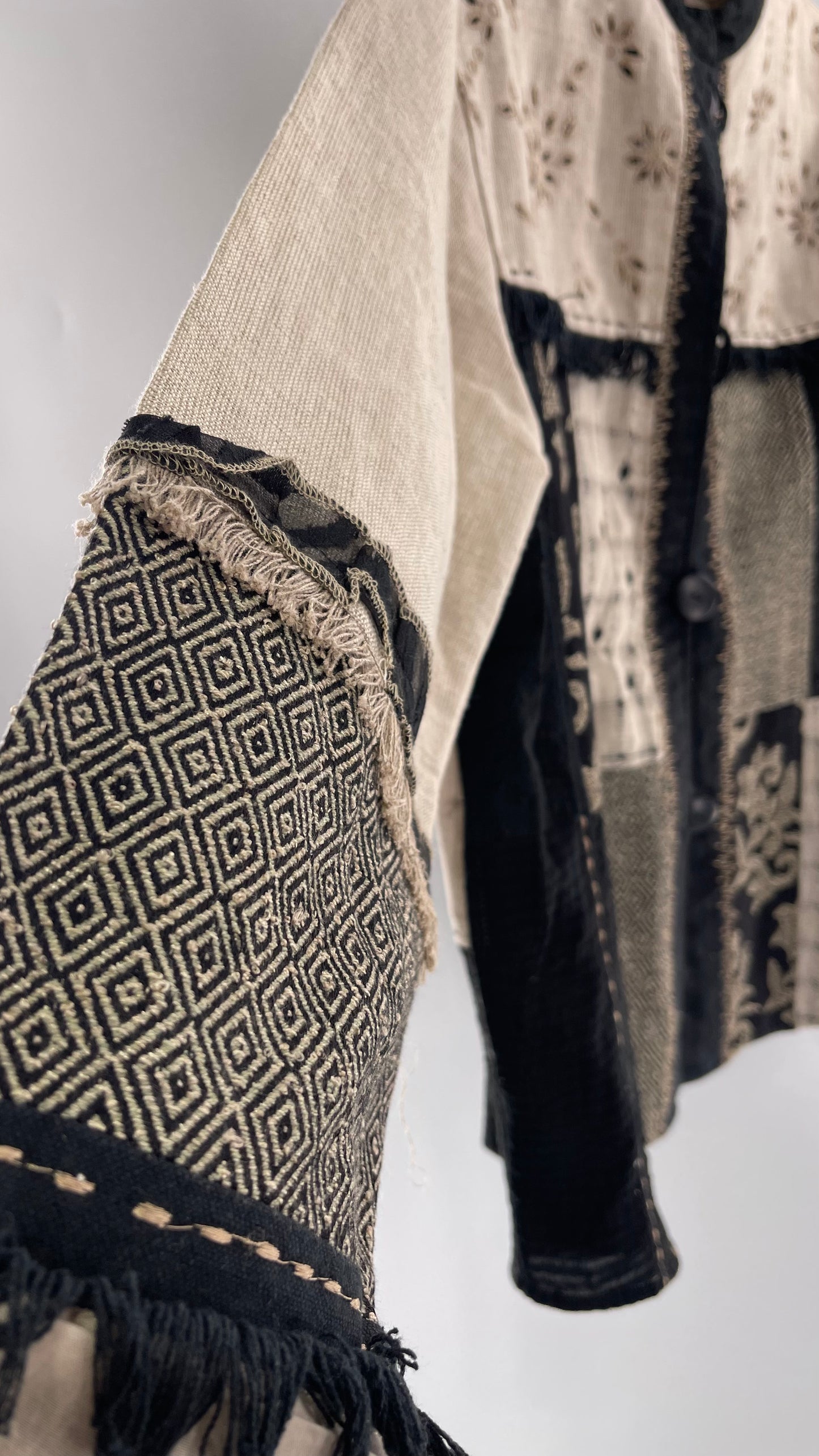 Deadstock Vintage Flashback Patchwork Coat with Mixed Neutral Fabrics, Embroidery and Fringe Details (Large)