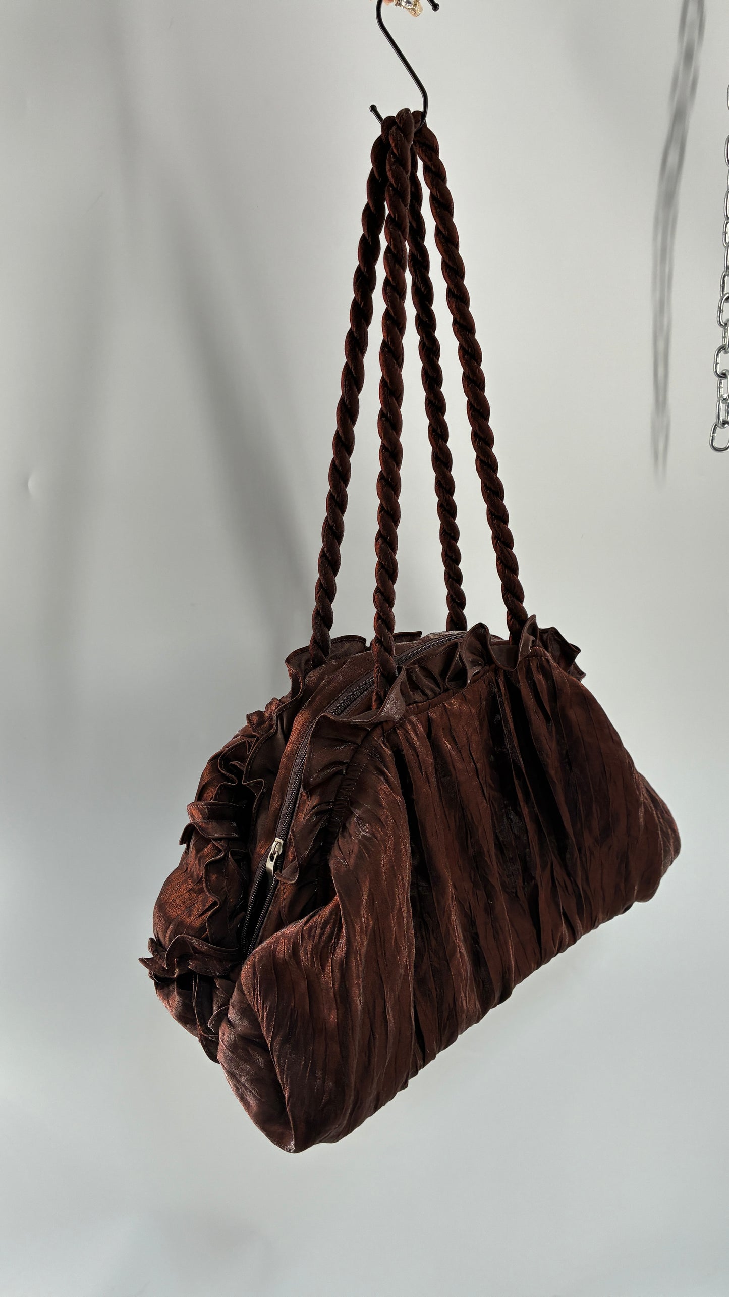 Vintage Oversized Brown Slouchy Purse with Embroidered Rosettes and Braided Strap