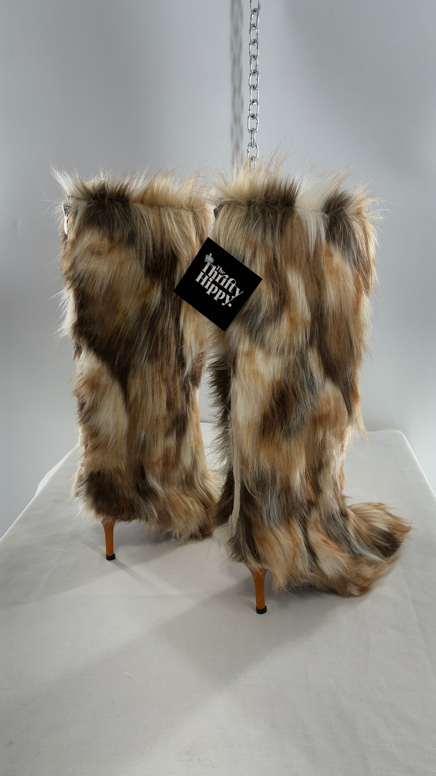 Vintage Mixed Tone Vegan Fur, Knee High, Pointed Toe Boots (43)