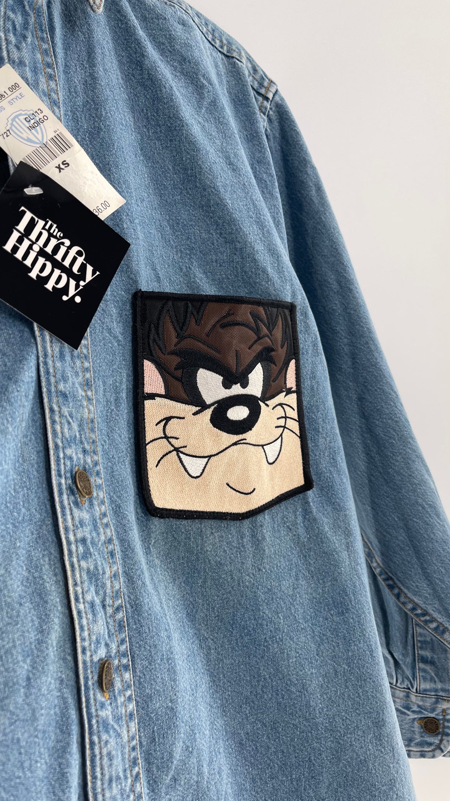 Deadstock Vintage Warner Bros Looney Tunes Denim Longsleeve with Embroidered Taz Pocket (XS/S)