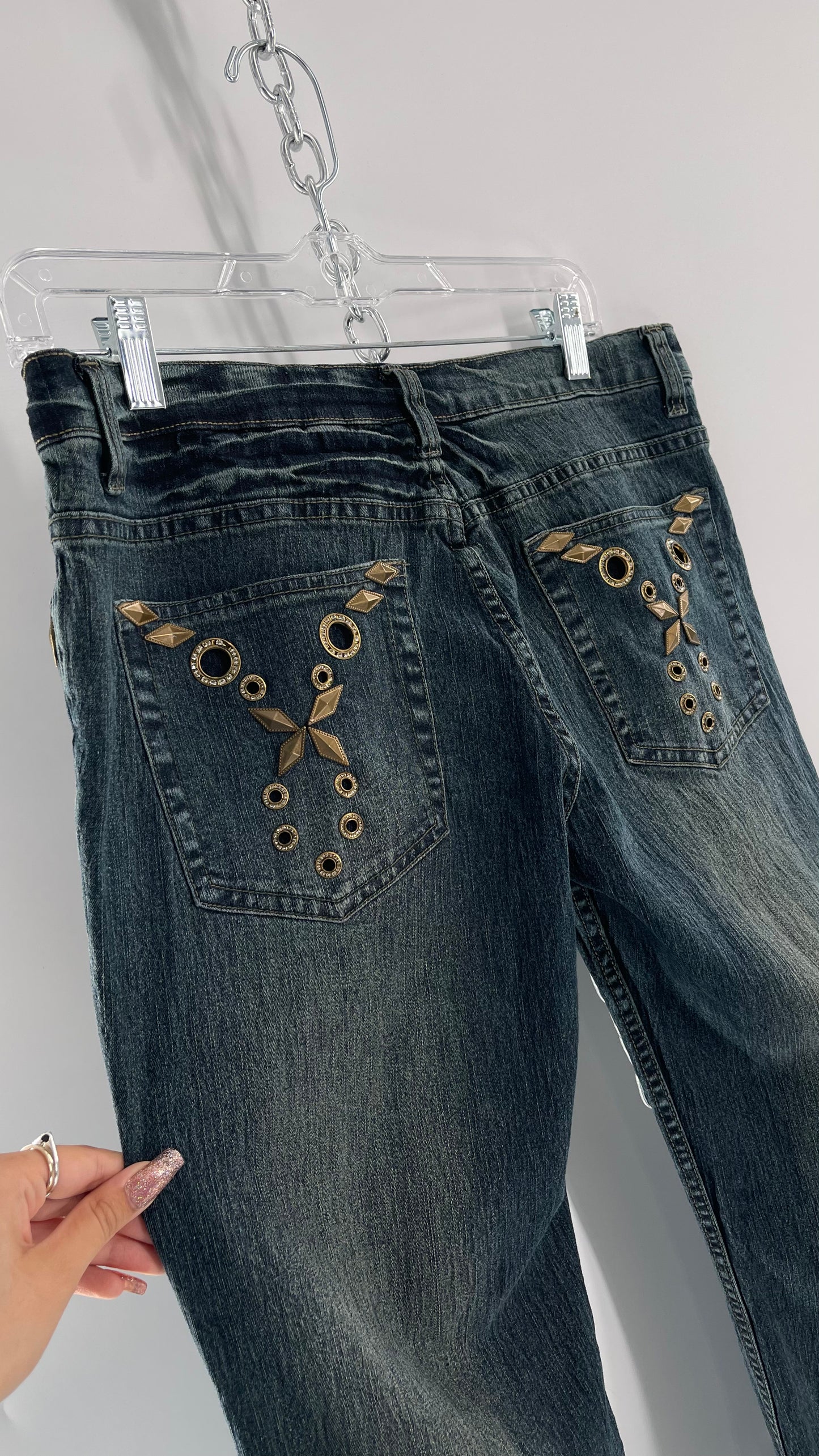 Vintage Blue Pointe Kickflare Medium Wash Jeans with Gold Rhinestone Metal Jewels (13)