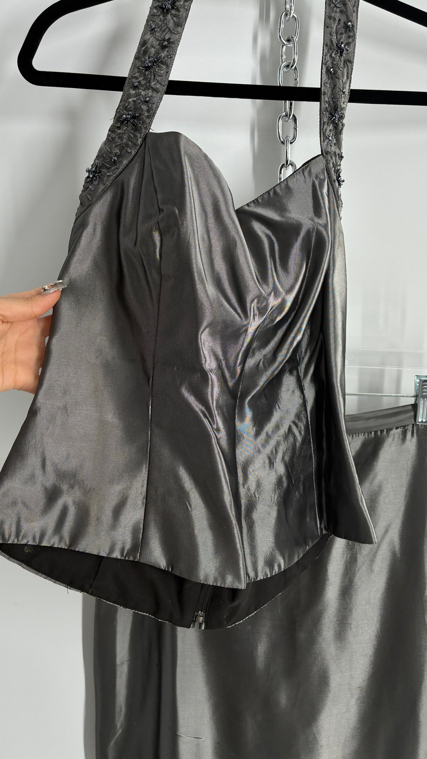 Vintage 1990s Davids Bridal SET Metallic Silver Corseted + Beaded Halter and Full Length Skirt (6Top, 8Skirt)