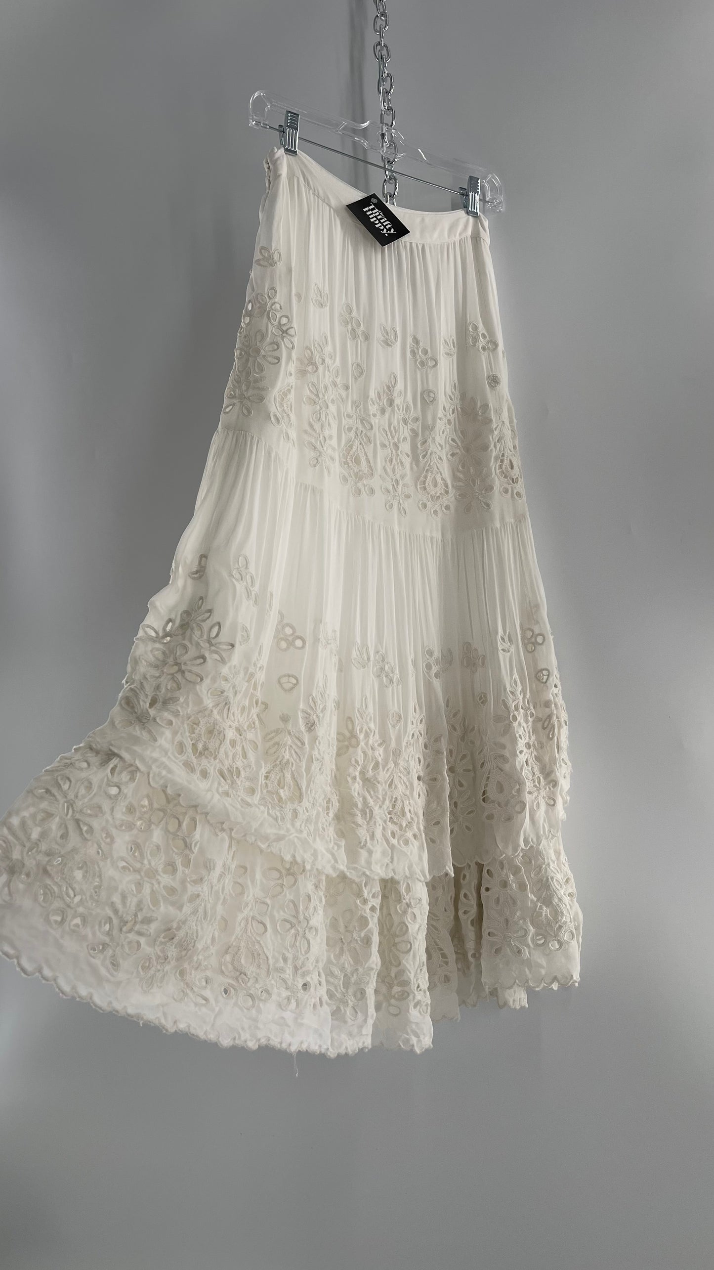 Free People White Embroidered Eyelet/Lace Voluminous Tiered Ruffle Full Length Skirt (4)