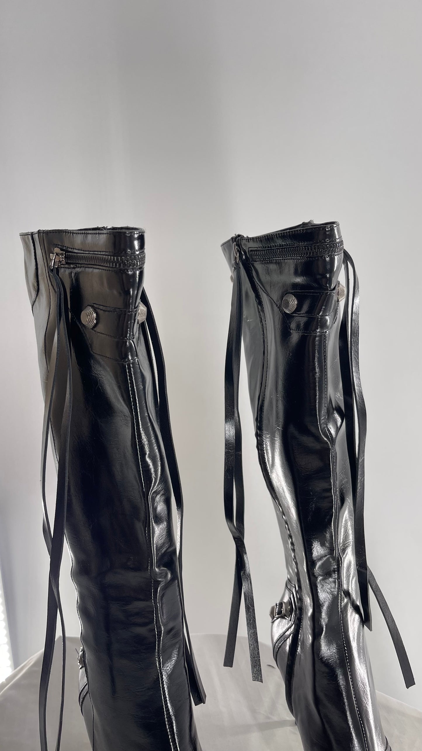 Black Pointed Toe Strappy Heeled Knee High Boots with Metal Hardware Details (10)