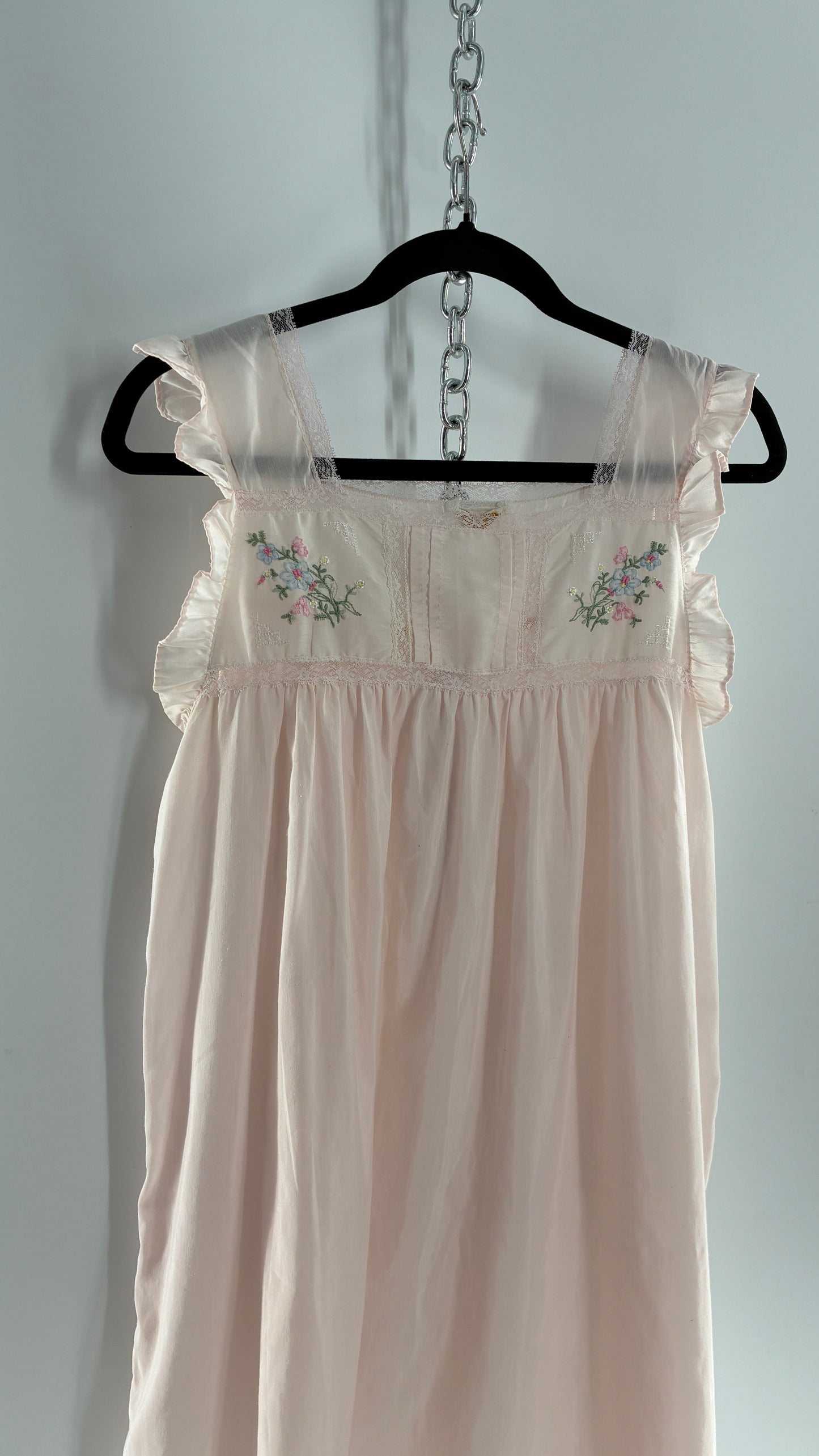 Vintage Barbarie Baby Pink Nightgown Style Dress with Embroidered Florals and Ruffled Straps