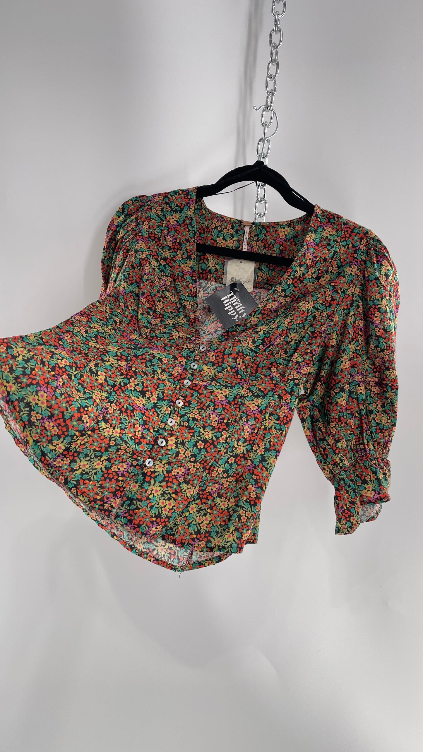 Free People 100% Cotton Colorful Florals Blouse with Deep V, Puff Sleeves, Button Front, and Tags Attached (Small)