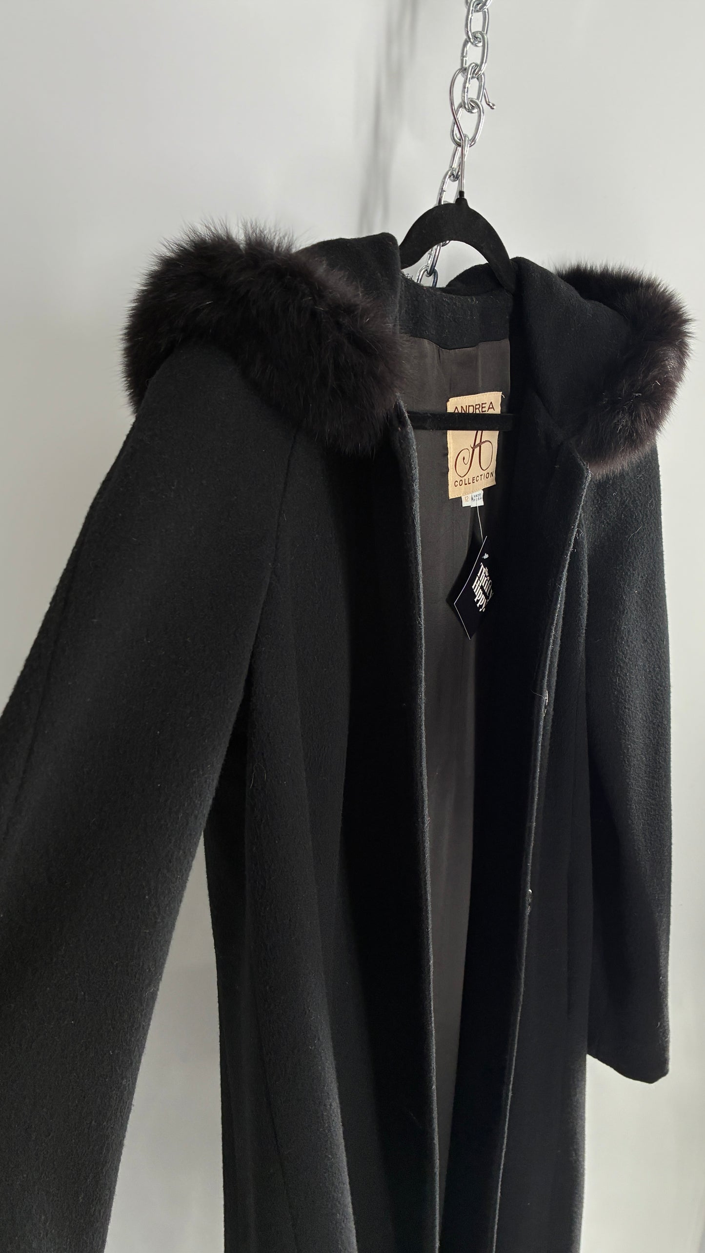 Vintage ANDREA COLLECTION Black Wool Blend Full Length Coat with Fur Trim Hood (12)