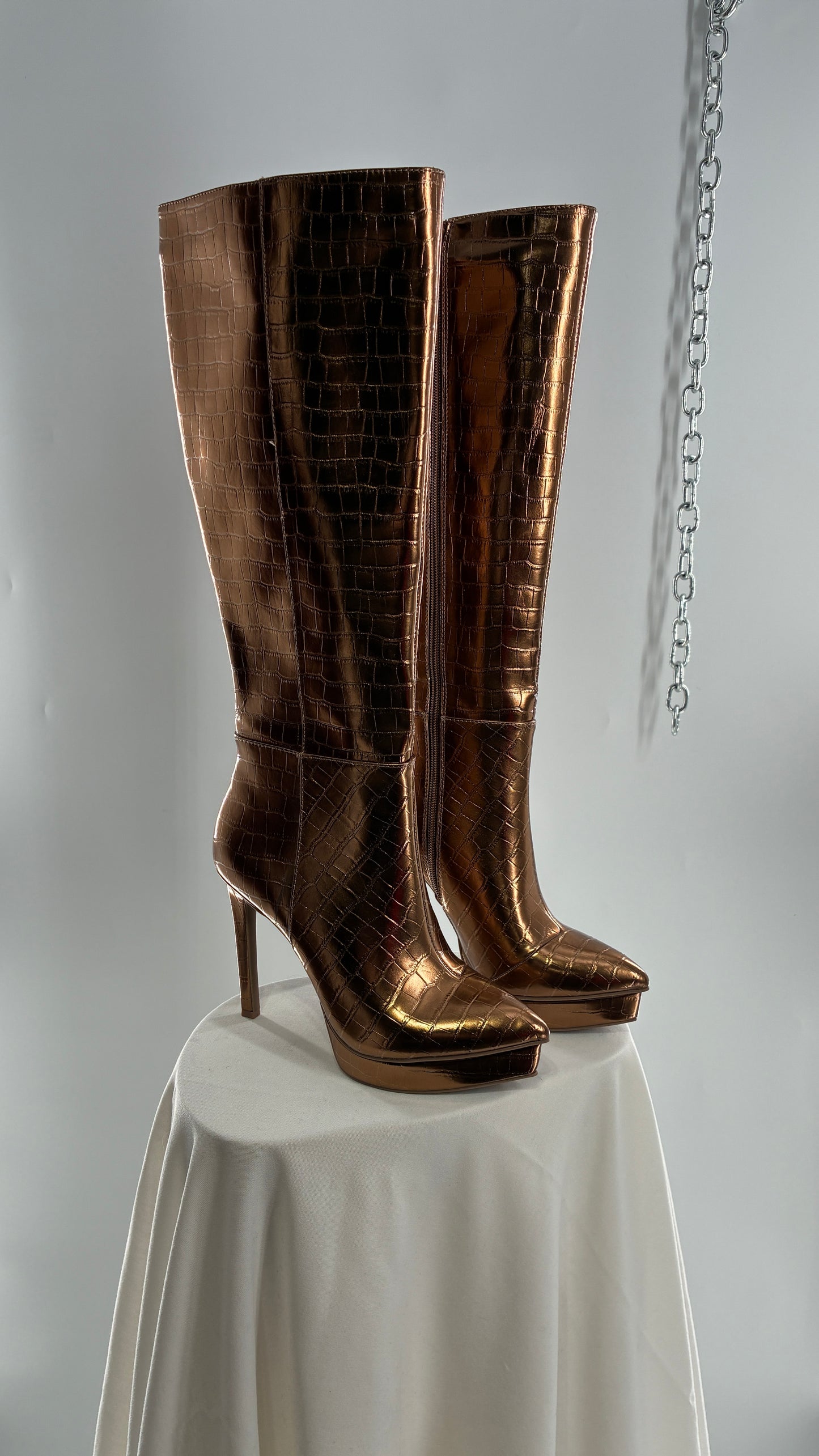 Vintage THALIA SODI Bronze Embossed Crocodile Texture Platform, Pointed Toe, Knee High Boots (6)