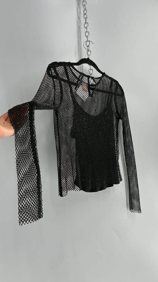 Anthropologie Black Rhinestone Heavy Mesh Long Sleeve with Camisole (Small)