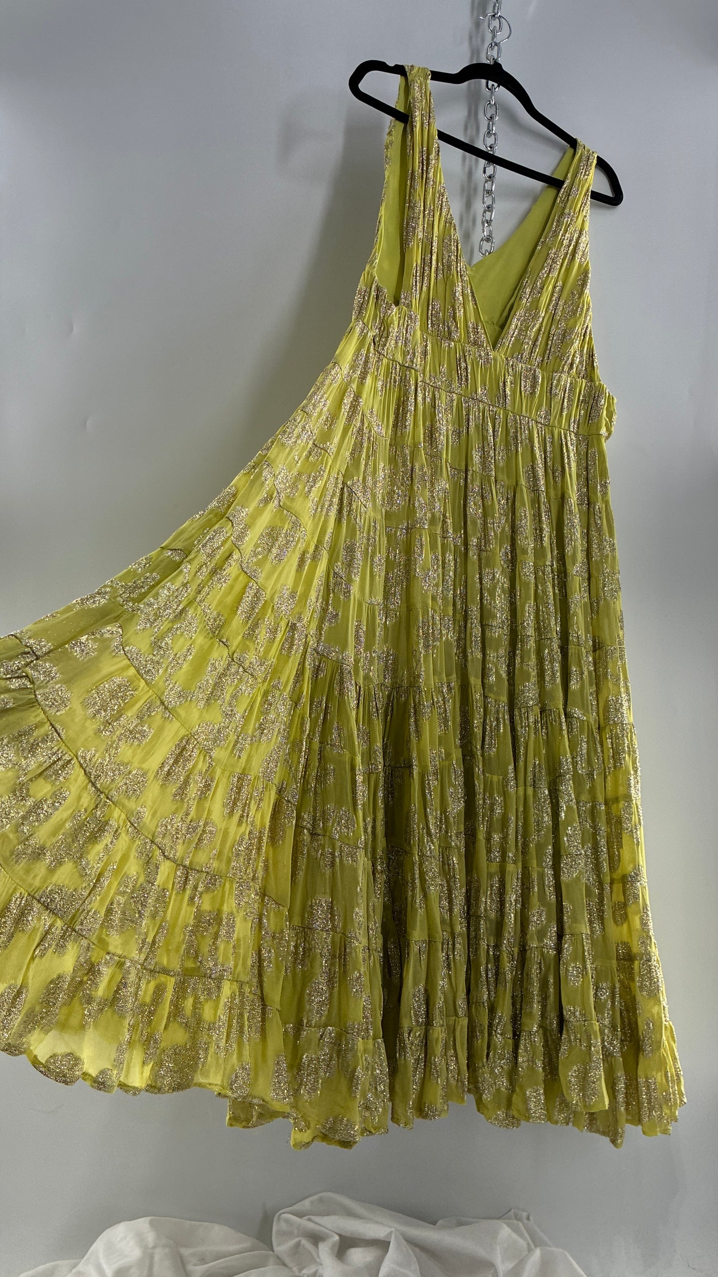 LET ME BE Lime Yellow/Green Ultra Voluminous Tiered Dress with Gold Metallic Jacquard Appliqué Pattern (XL)