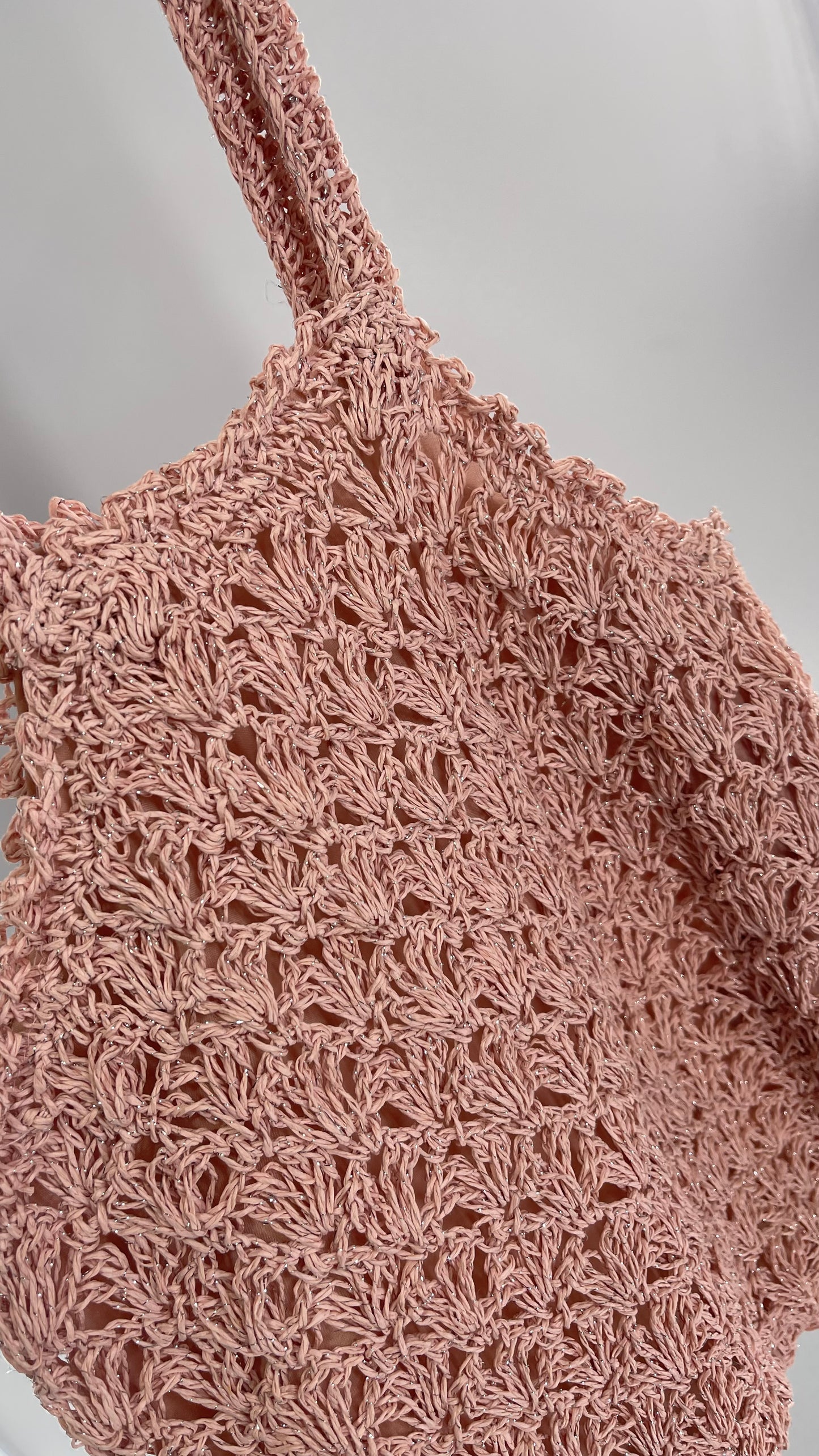 Urban Outfitters Baby Pink Straw Tote Bag with Silver Tinsel