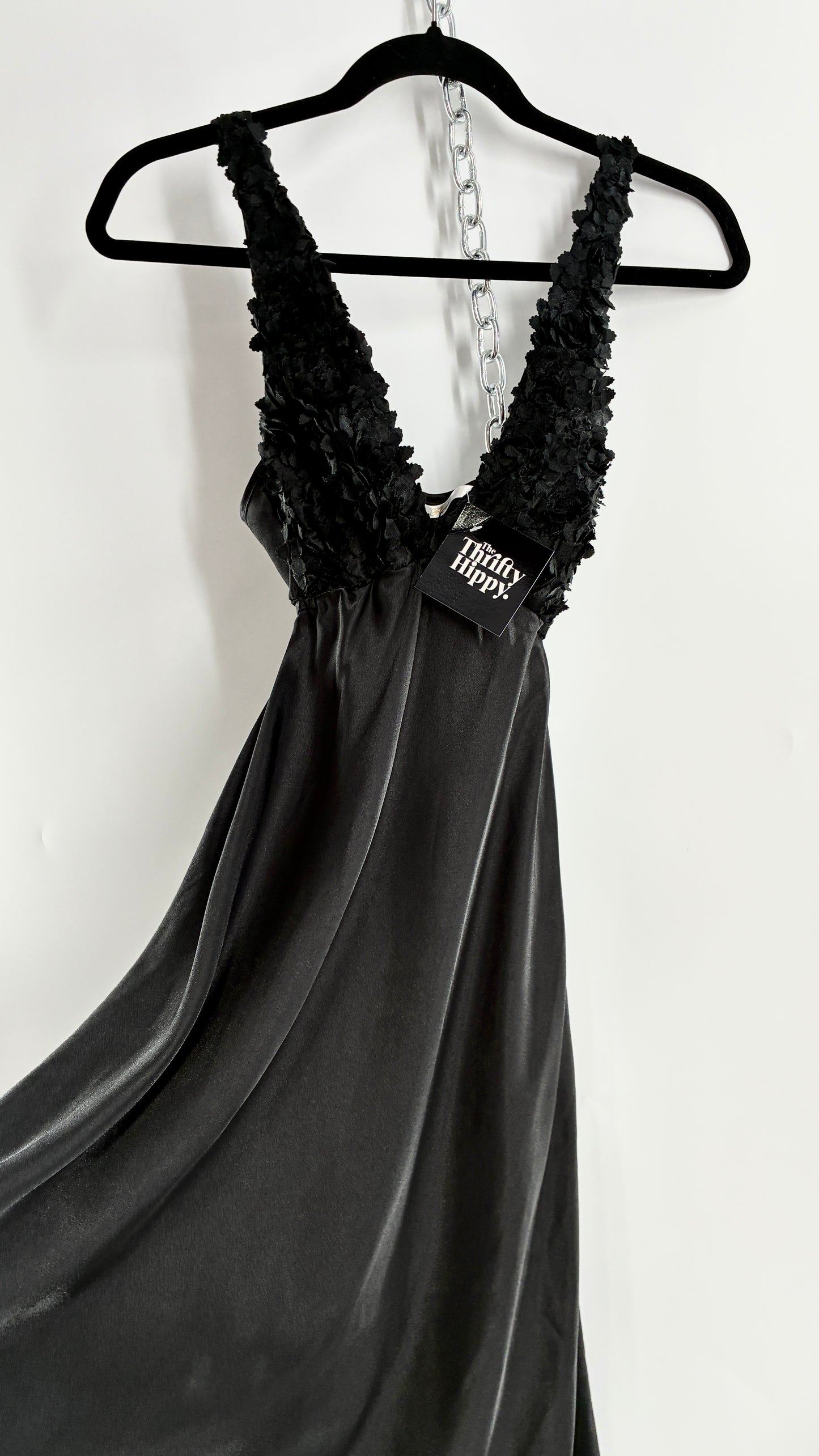 Vintage FLORA Black Slip Gown with Textured Floral Bust (Small)