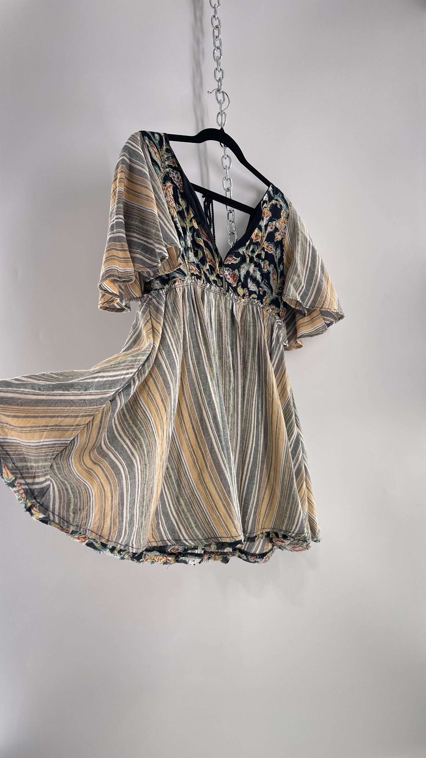 Free People Dual Fabric Floral/Woven Boho Babydoll Mini Dress (XS)
