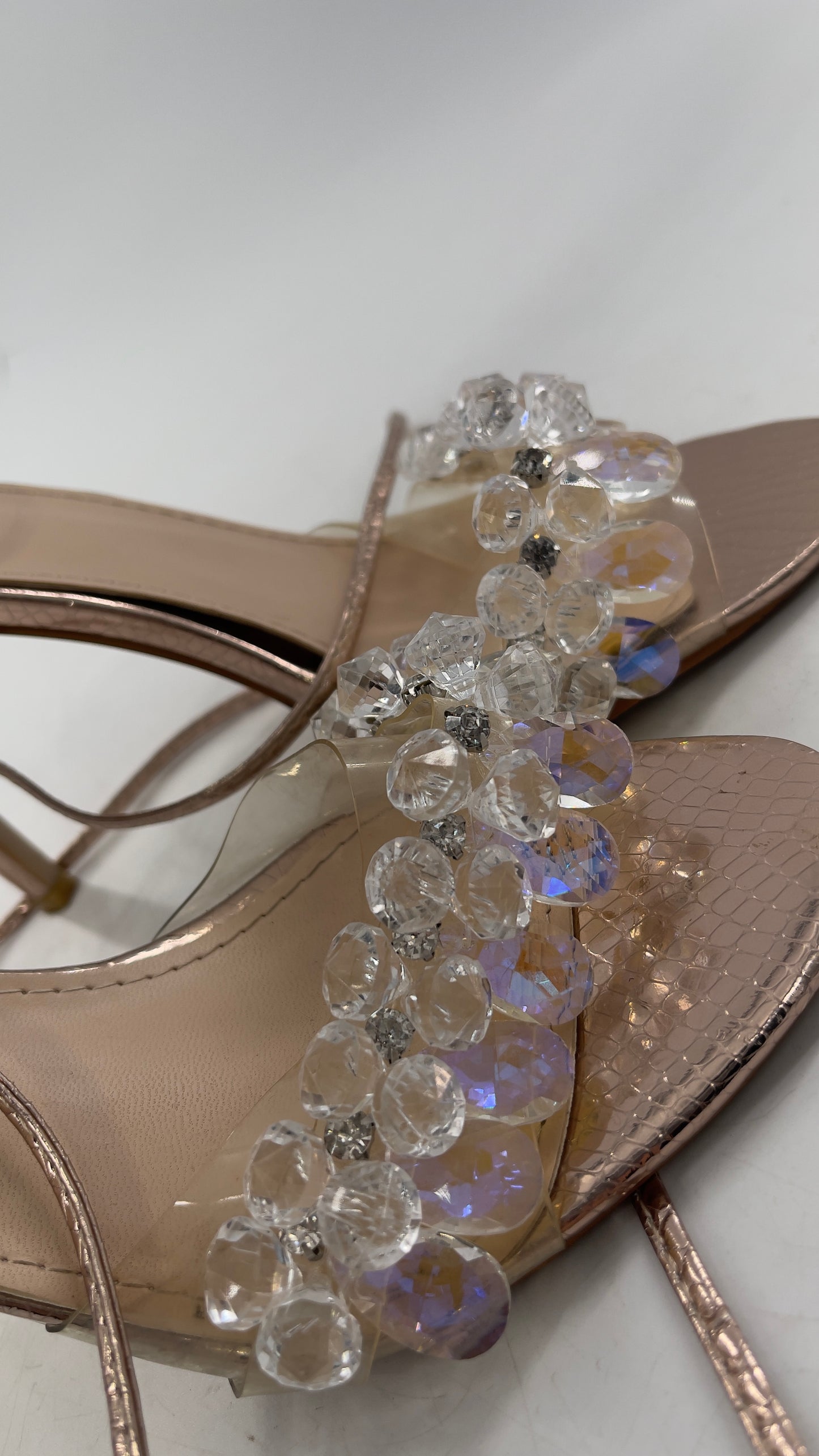 SIMMI LONDON Rose Gold Textured Heels with Clear Toe Strap Covered in Rhinestones/ Crystal Pendants and Tie Up Ankle Straps (7)