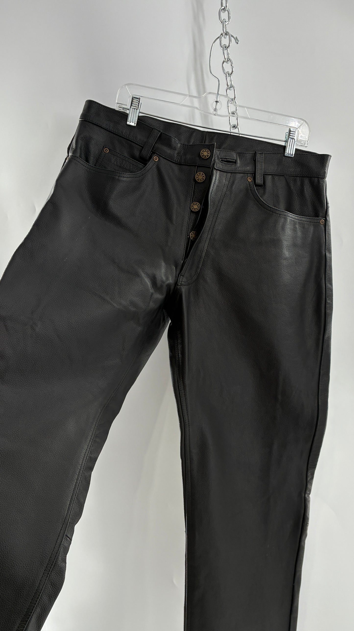 Vintage Button Front, French, Black, Thick Genuine Leather Pants (36)