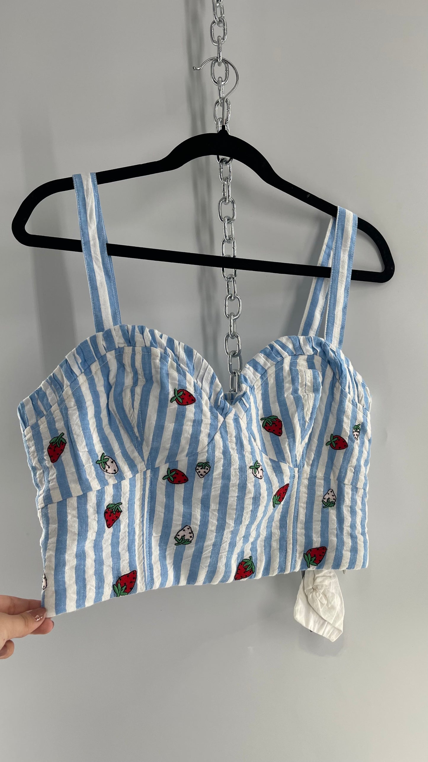 Maeve Anthropologie Baby Blue White Striped Corset Like Crop with Embroidered Strawberries (6)