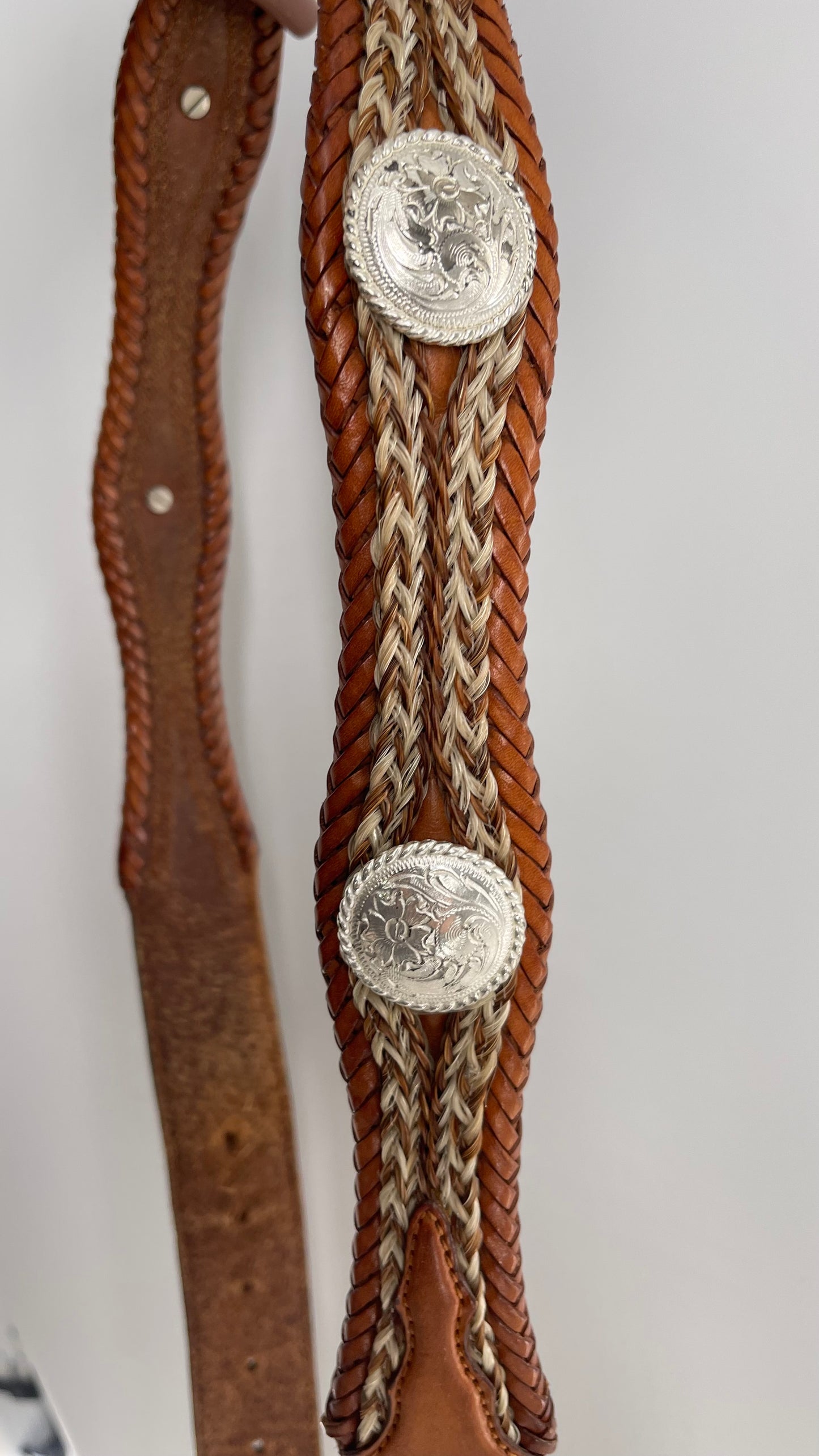 Vintage Tony Lama Genuine Leather Horse Hair Western Braided Belt With Silver Embellishments (34)