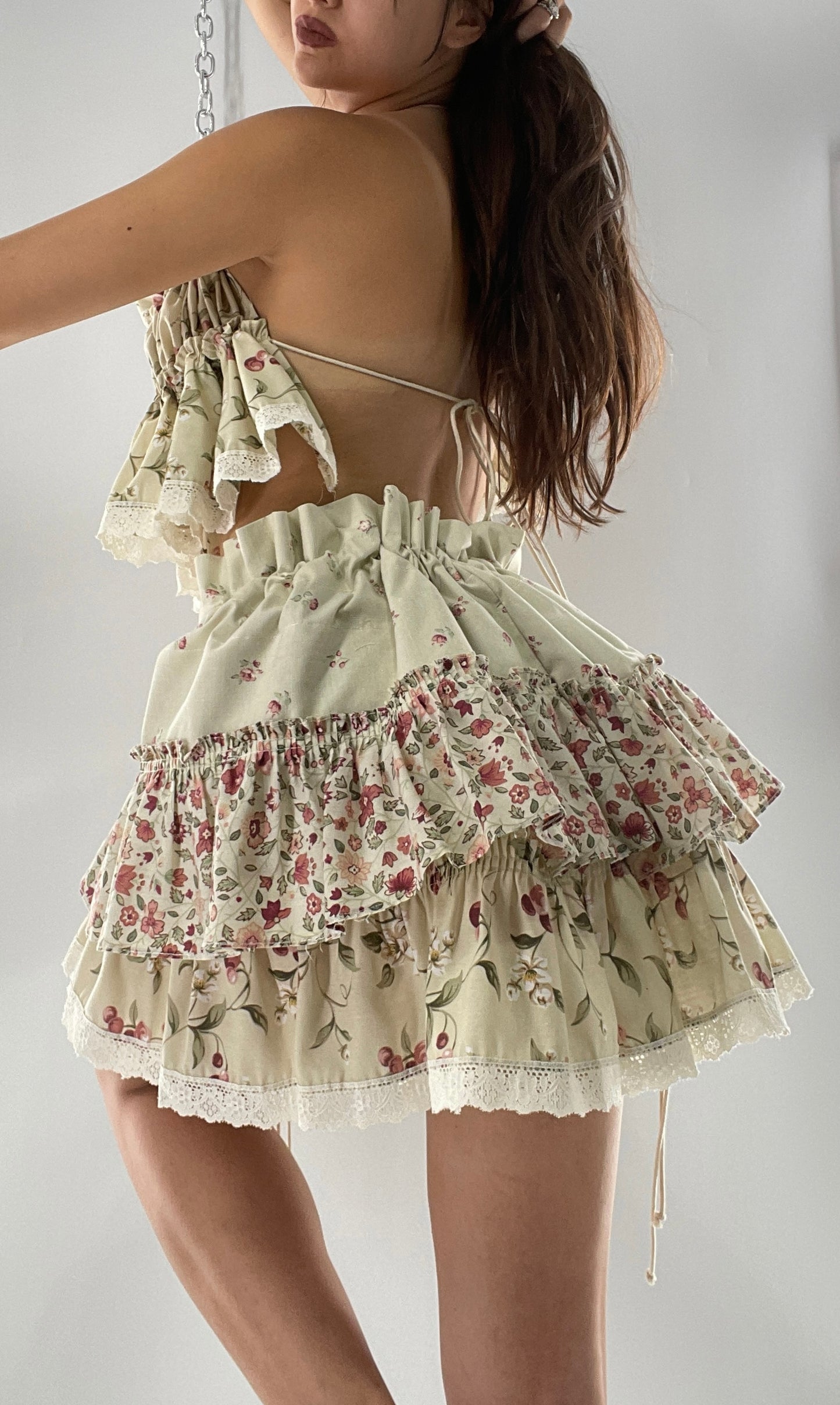 Vintage Cherry Cottage Set with Tiered Ruffled Skirt and Ruched, Backless Top (One Size)